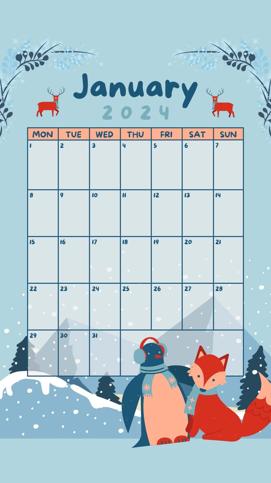 January 2024 Calendar, penguin, fox, Full HD Phone Wallpaper