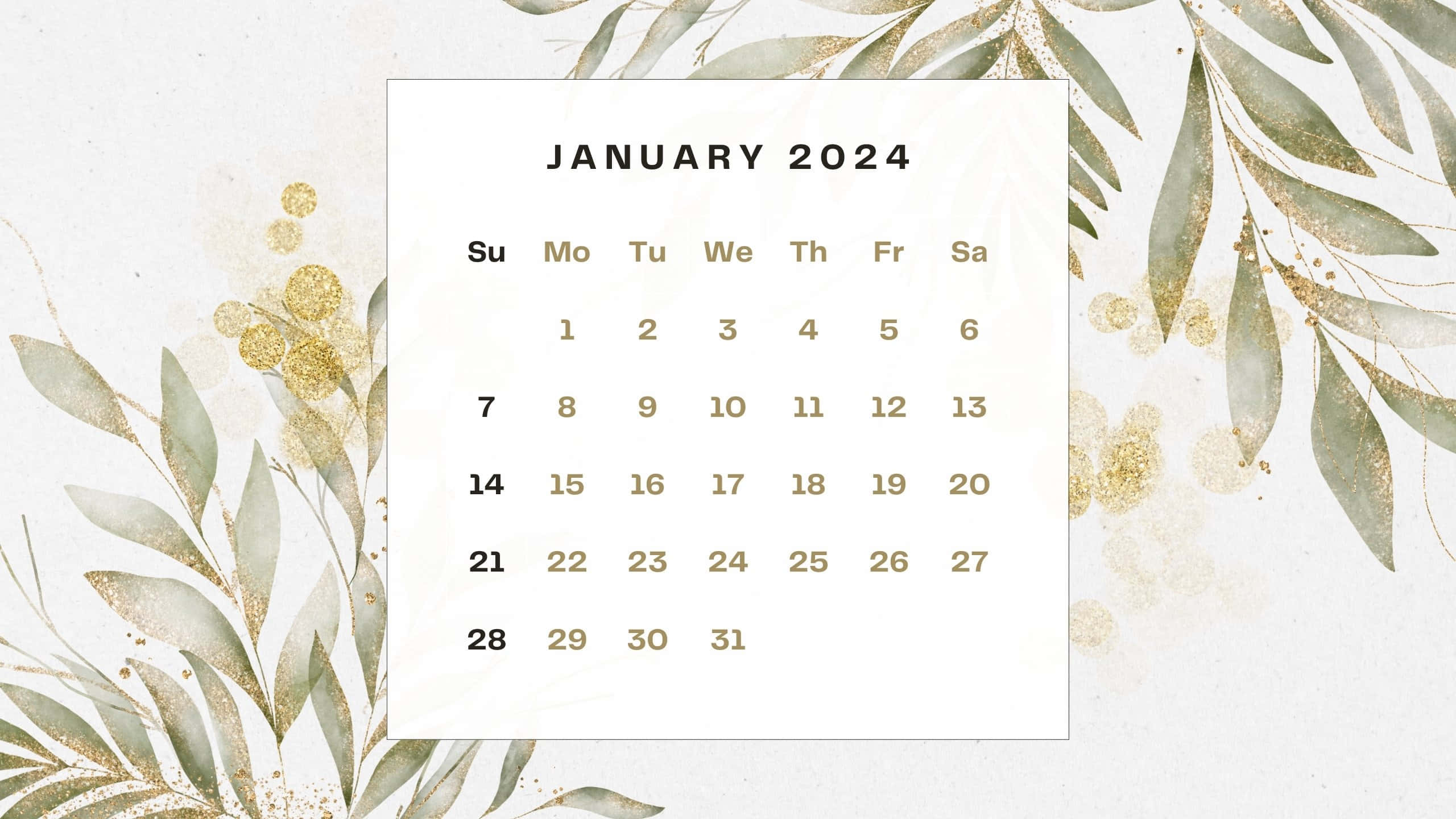 January 2024 Calendar, gold glitter, foliage, 2K Desktop Wallpaper