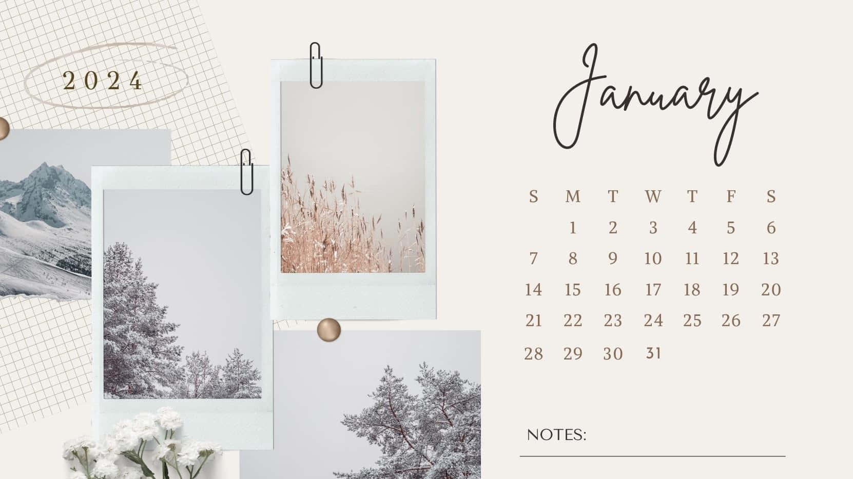 2024 January calendar, Polaroid photos, snowy mountains, HD Desktop Wallpaper