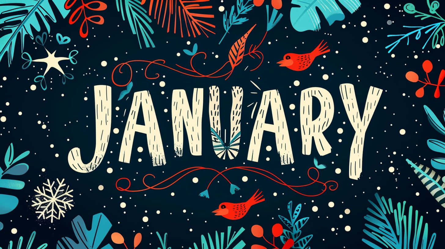 January, textured cream letters, tropical leaves, HD Desktop Wallpaper