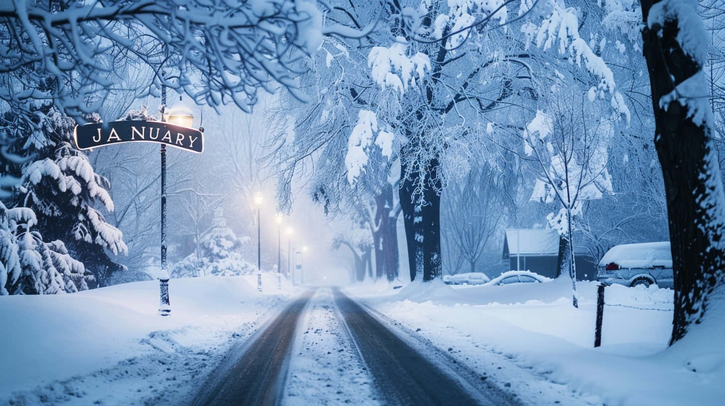 January, winter night, snow-covered street, HD Desktop Wallpaper