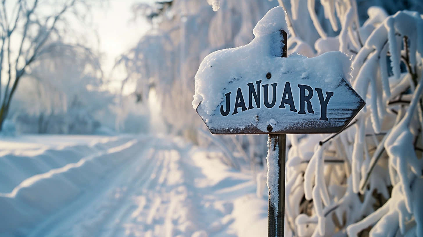 january, snow-covered wooden sign, frosty winter landscape, HD Desktop Wallpaper