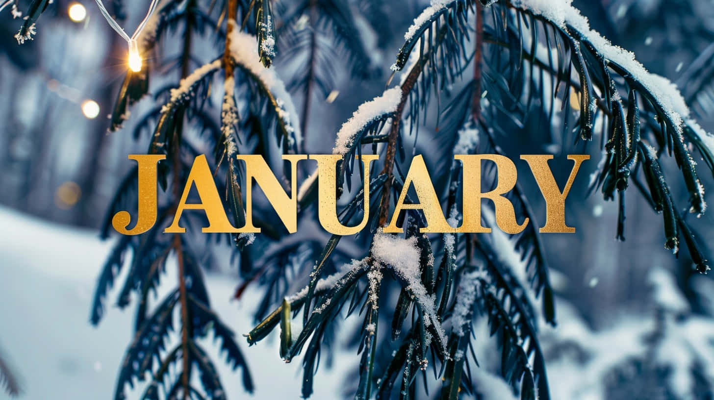 January, snowy pine branches, golden January text, HD Desktop Wallpaper