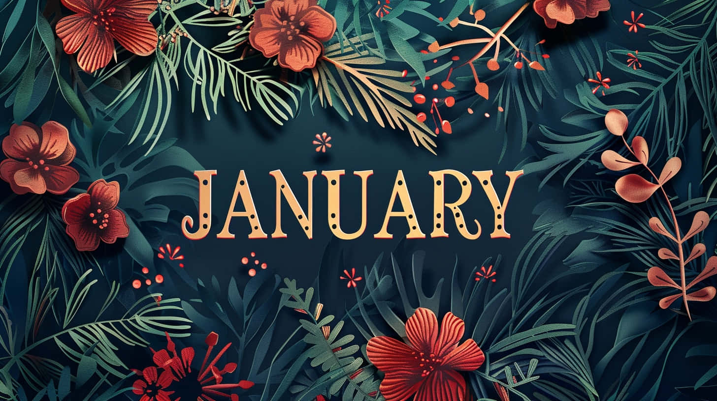 January, gold lettering, red flowers, HD Desktop Wallpaper
