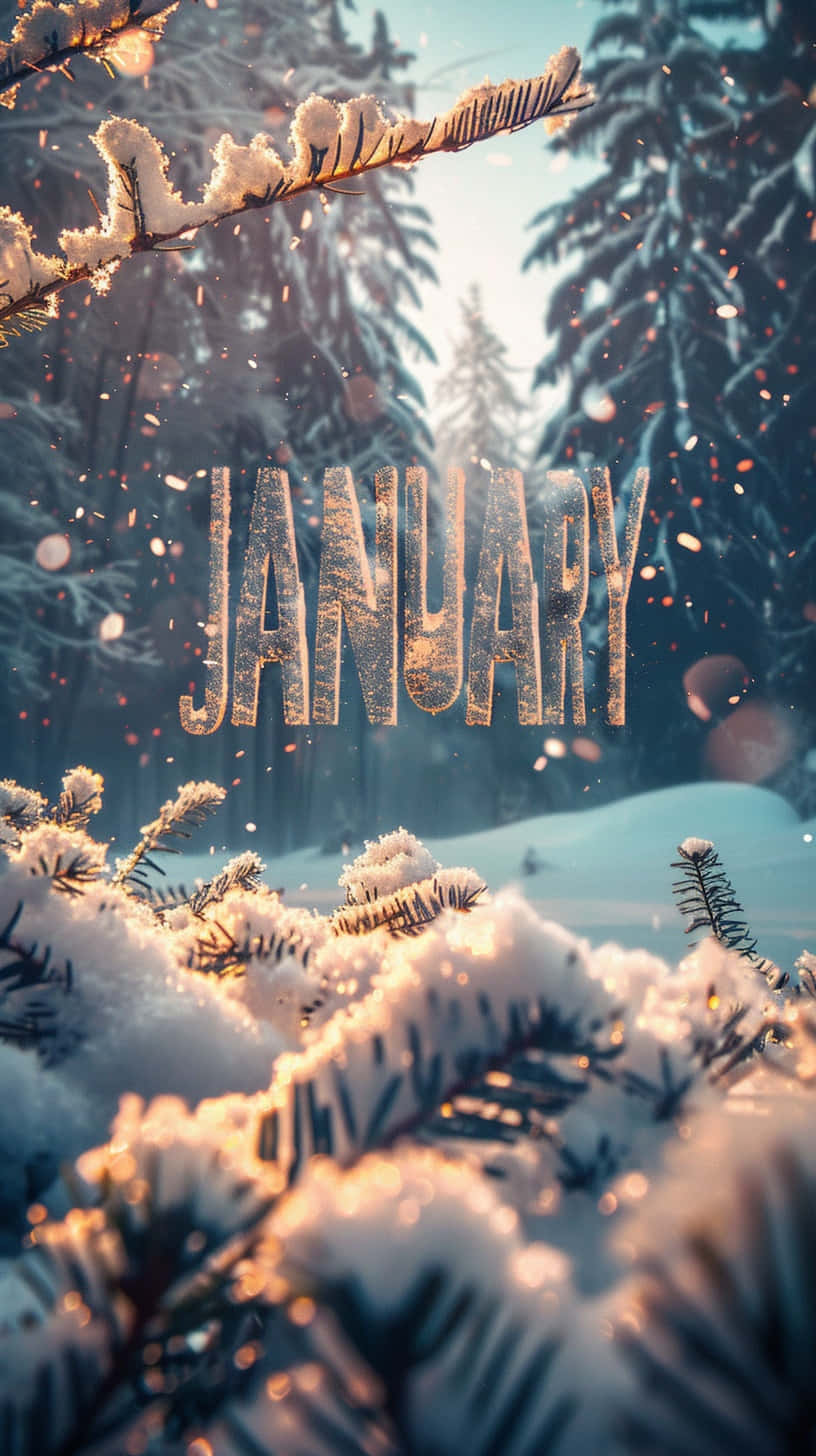 January, icy letters, snow-dusted pine branches, HD Phone Wallpaper