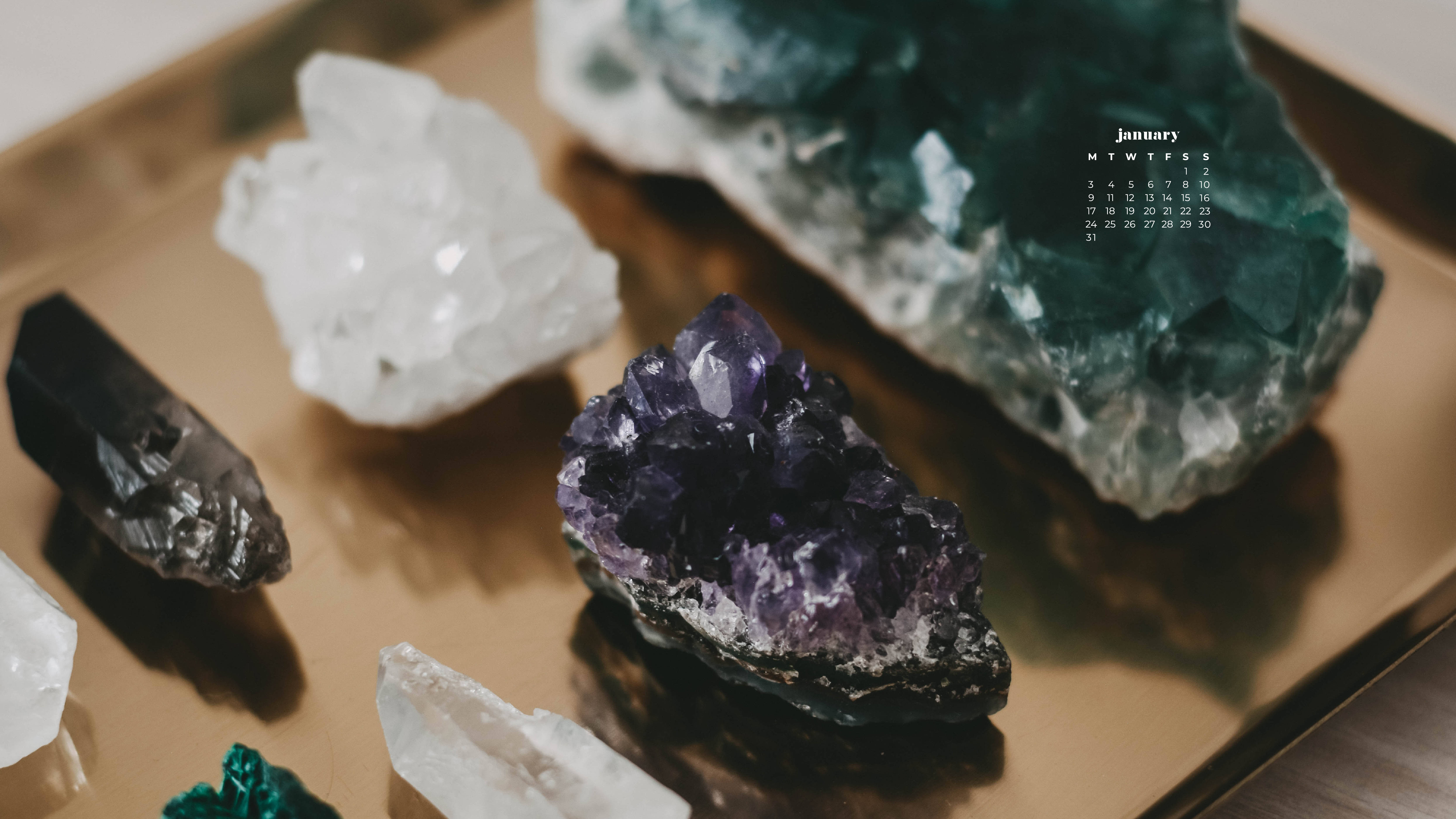 assorted crystals, January 2022 calendar, golden tray, 5K Desktop Wallpaper