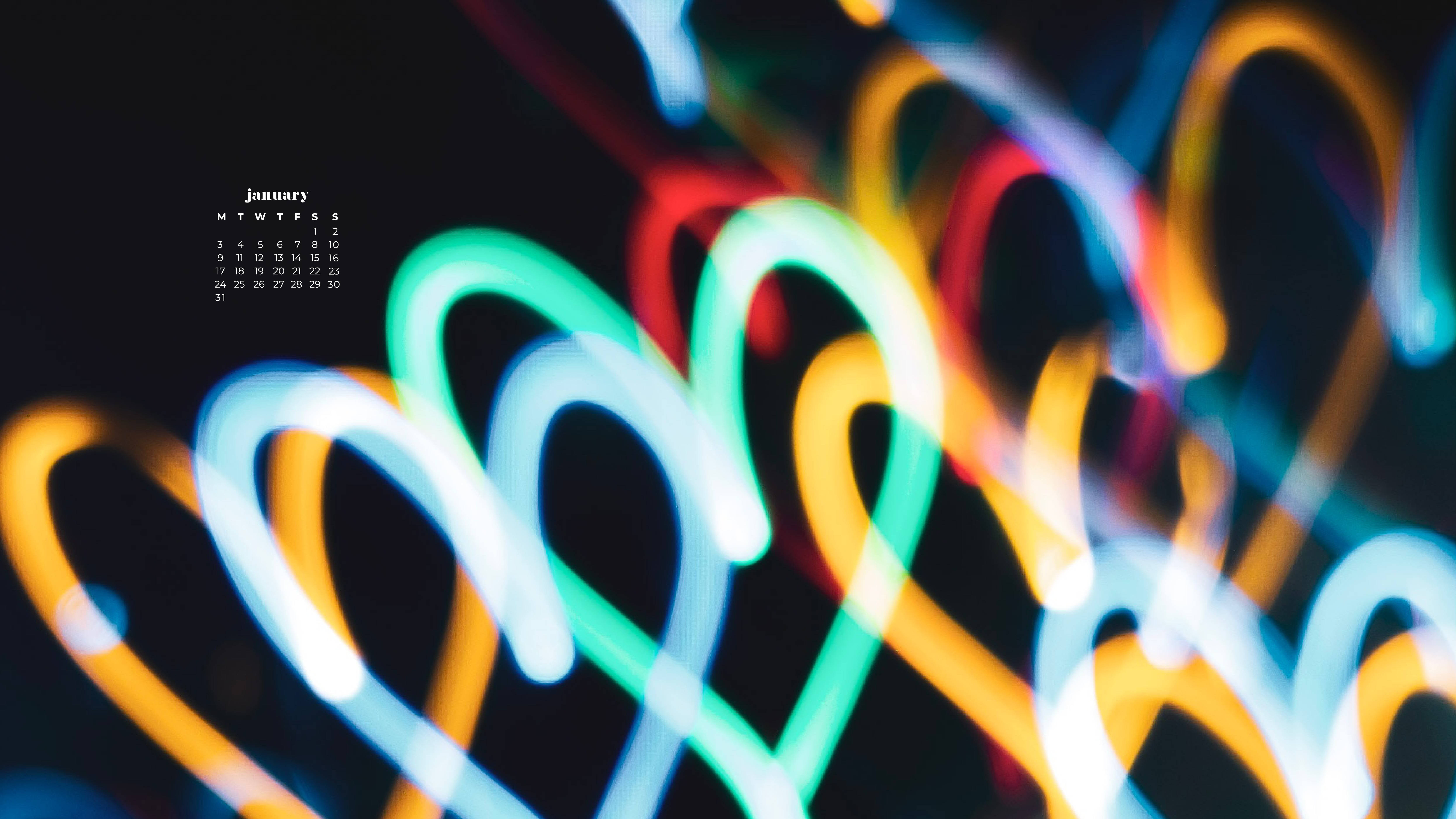 January 2022 calendar, heart shapes, blurred light trails, 5K Desktop Wallpaper