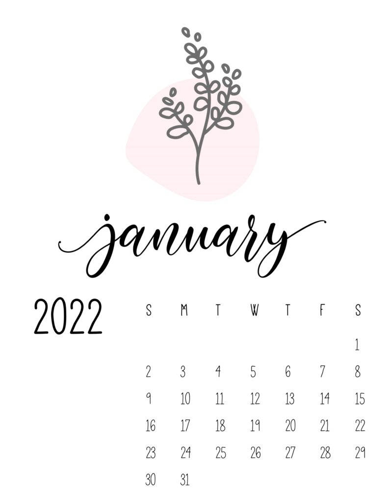 January 2022 calendar, delicate line-art foliage, elegant cursive text, SD Phone Wallpaper