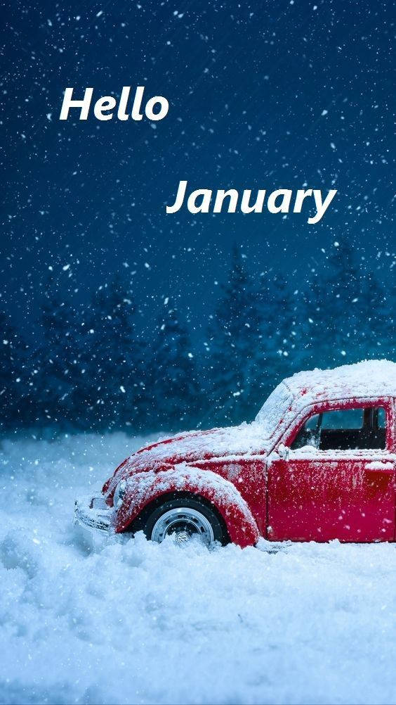 Hello January, vintage red car, snow, SD Phone Wallpaper