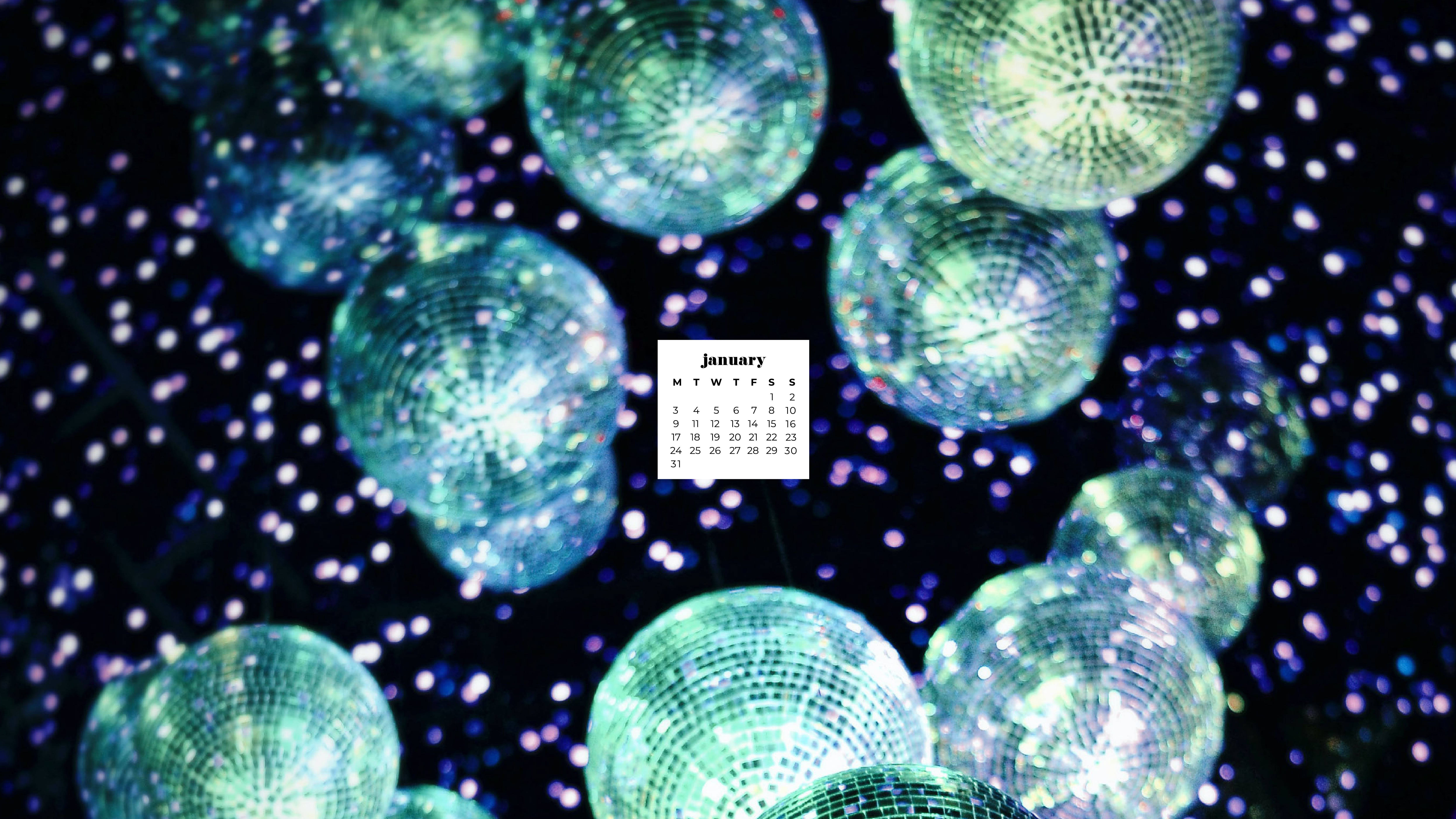 January 2022 Calendar, disco balls, glowing, 5K Desktop Wallpaper