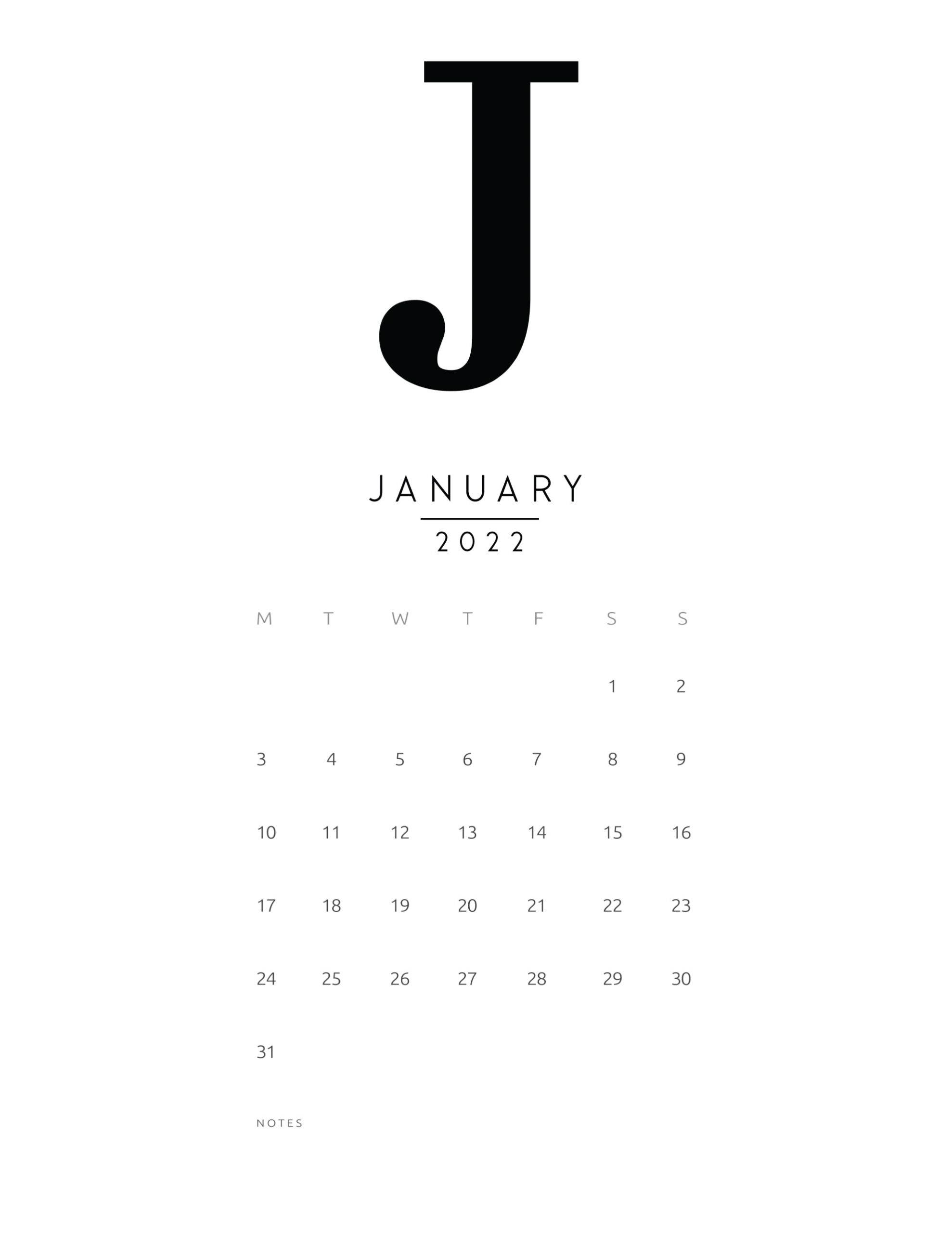 January 2022, black and white, large bold J, 2K Phone Wallpaper