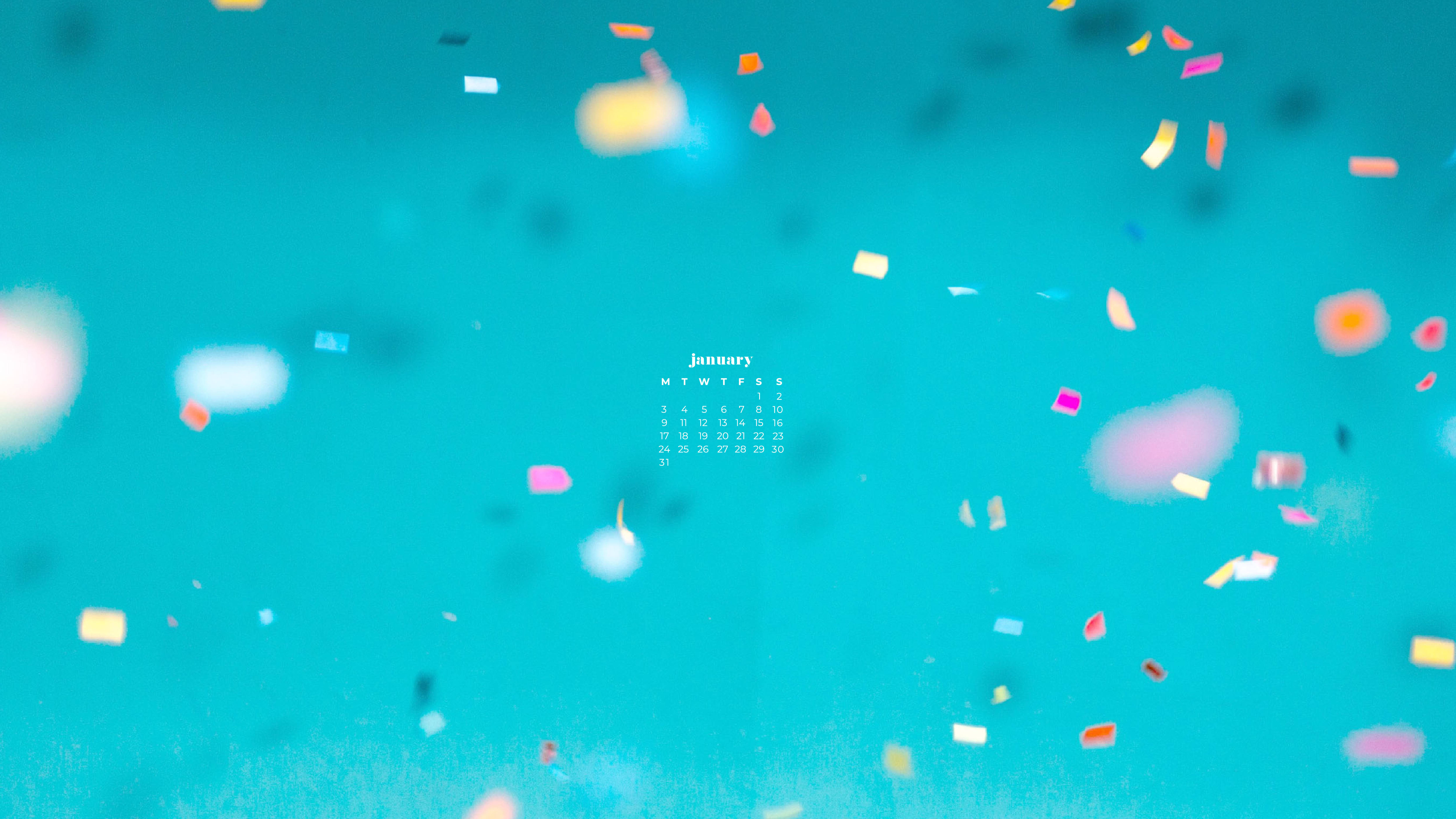 January 2022 Calendar, confetti, vibrant teal background, 5K Desktop Wallpaper