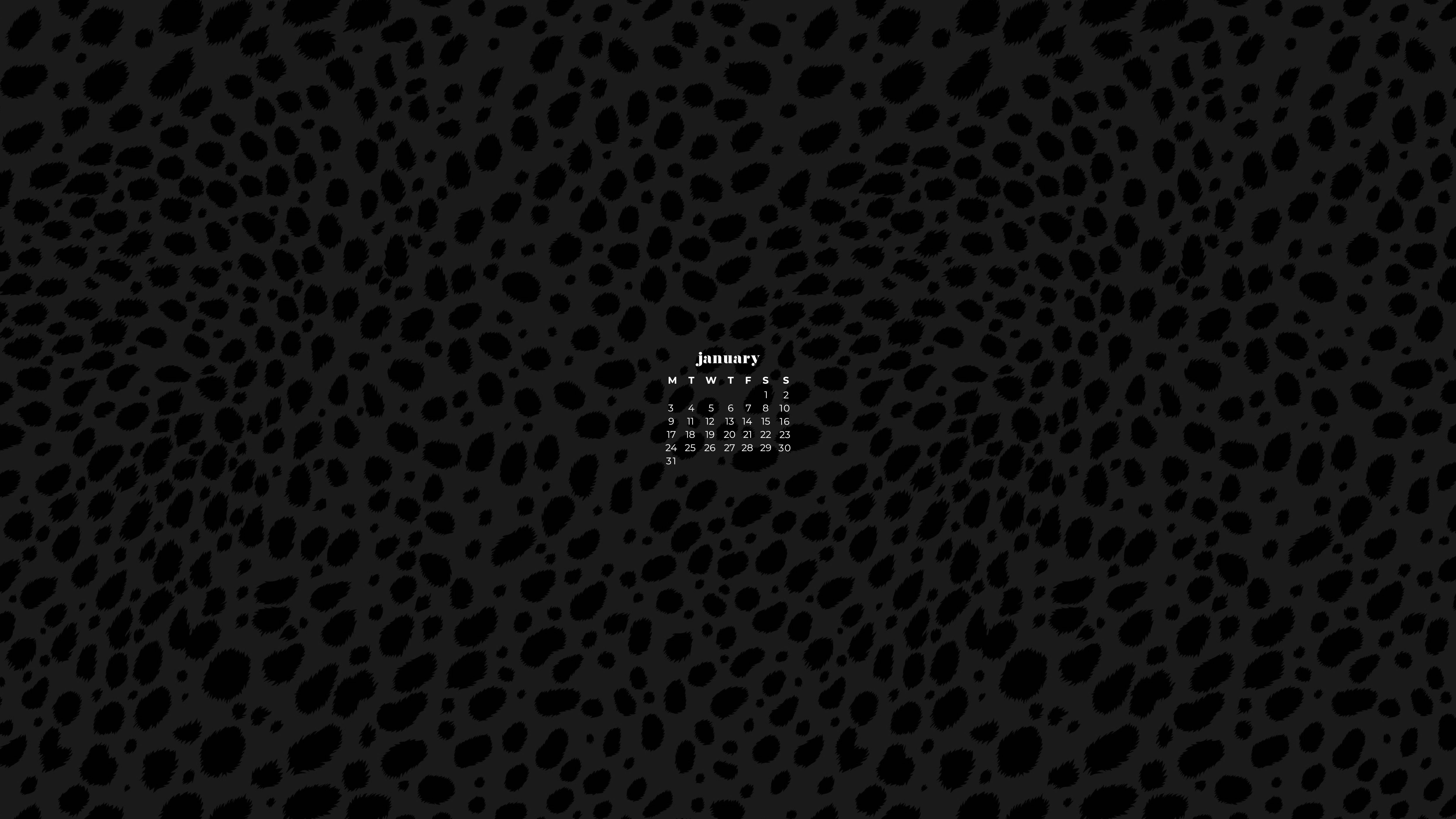 black leopard print, January 2022 calendar, dark background, 5K Desktop Wallpaper