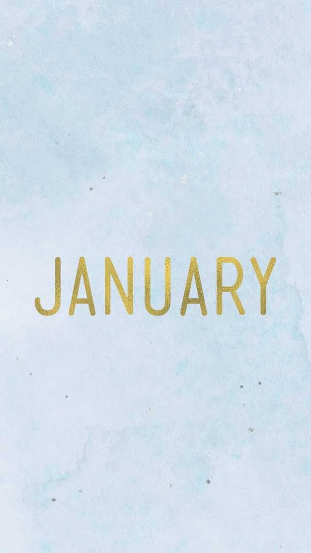 January, gold foil lettering, light blue watercolor background, SD Phone Wallpaper