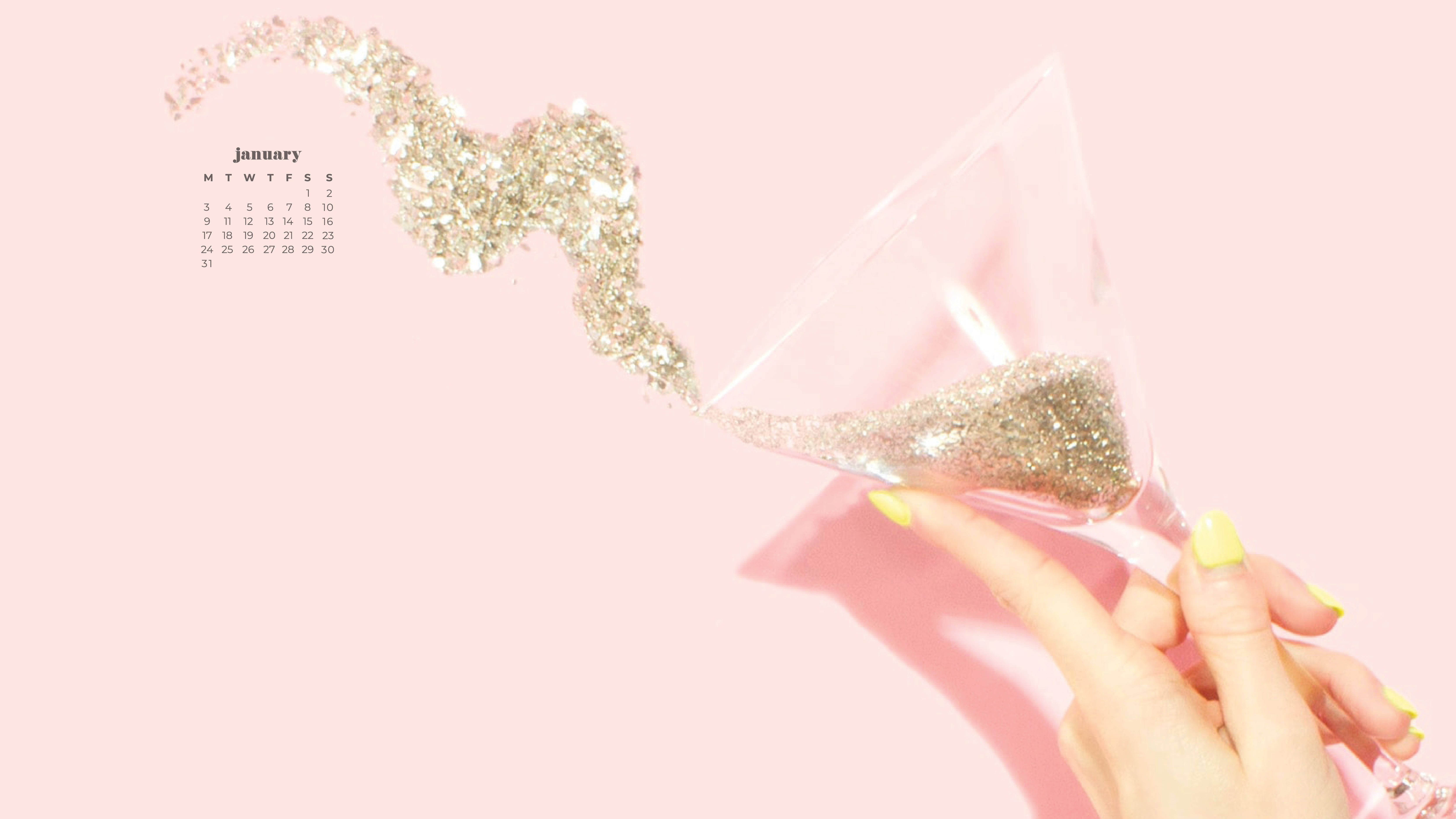 January 2022 Calendar, glitter, champagne flute, 5K Desktop Wallpaper