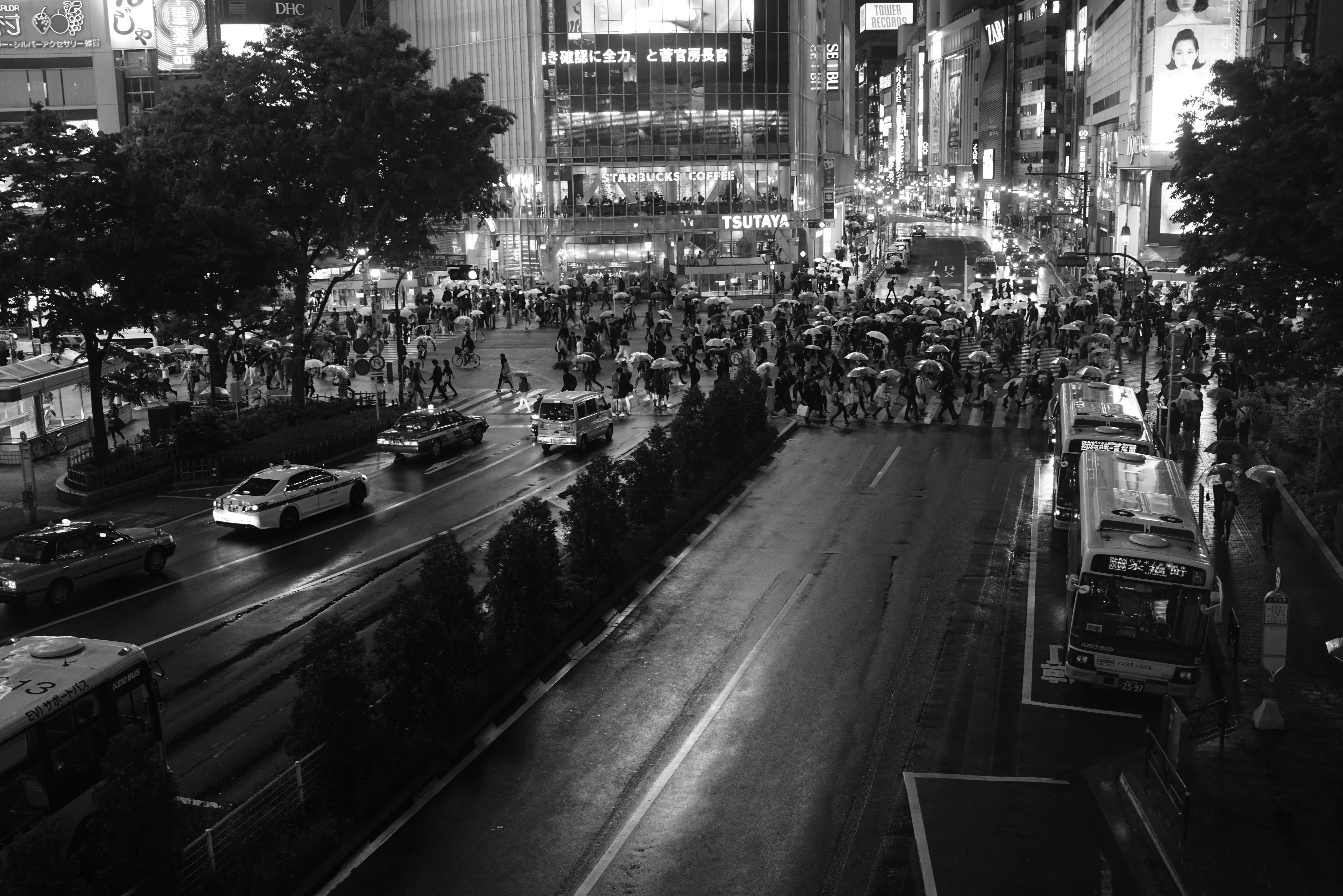 Japan, Black And White, Busy Street, 8K Desktop Wallpaper