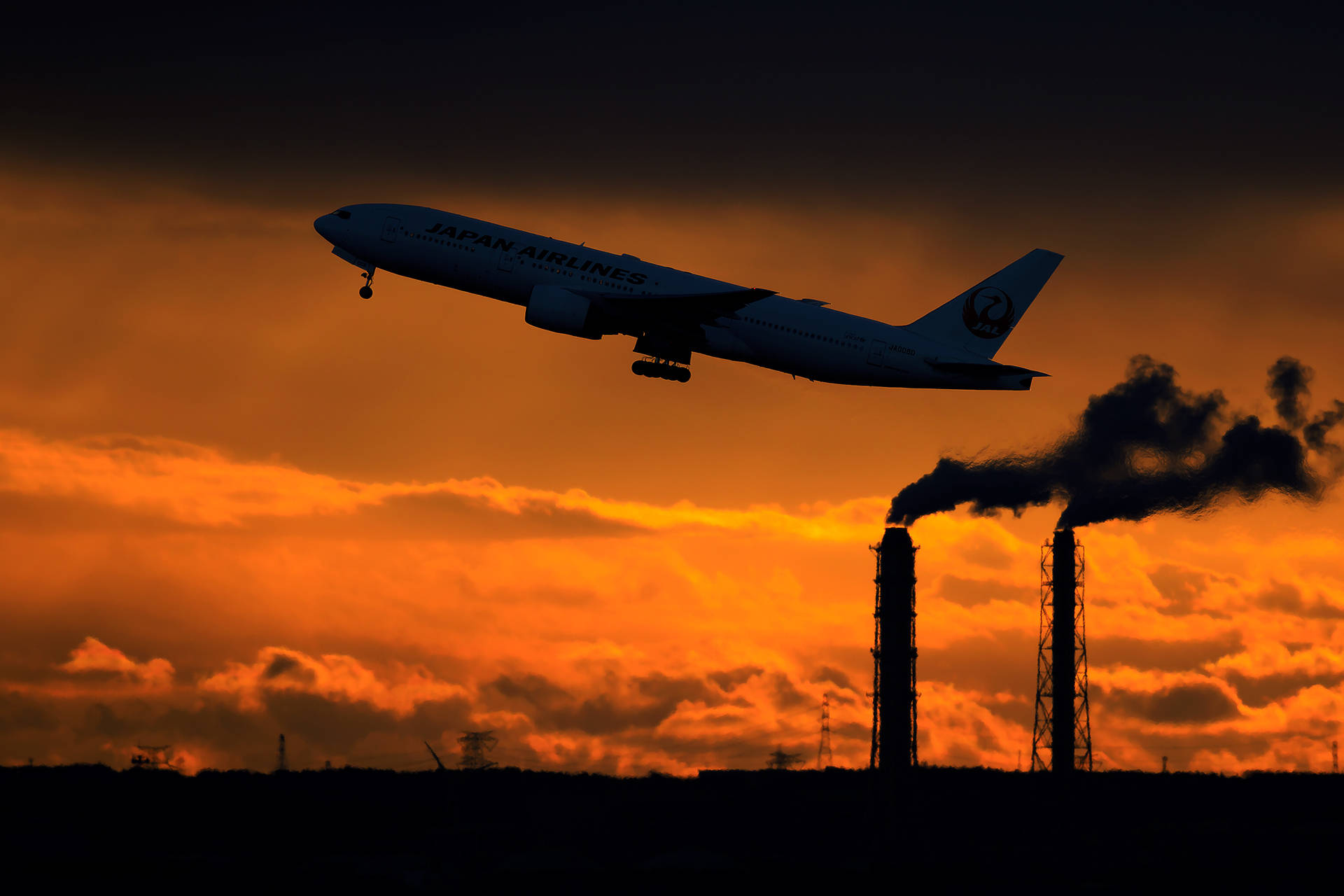 Japan Airlines, fiery orange sunset, industrial chimneys, Full HD Desktop Wallpaper