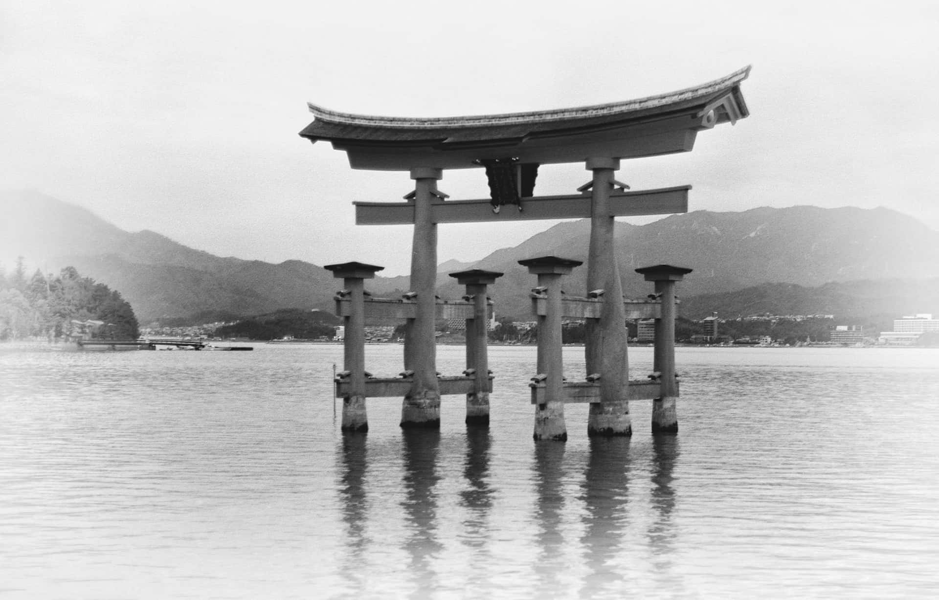 torii gate, calm waters, misty mountains, Full HD Desktop Wallpaper
