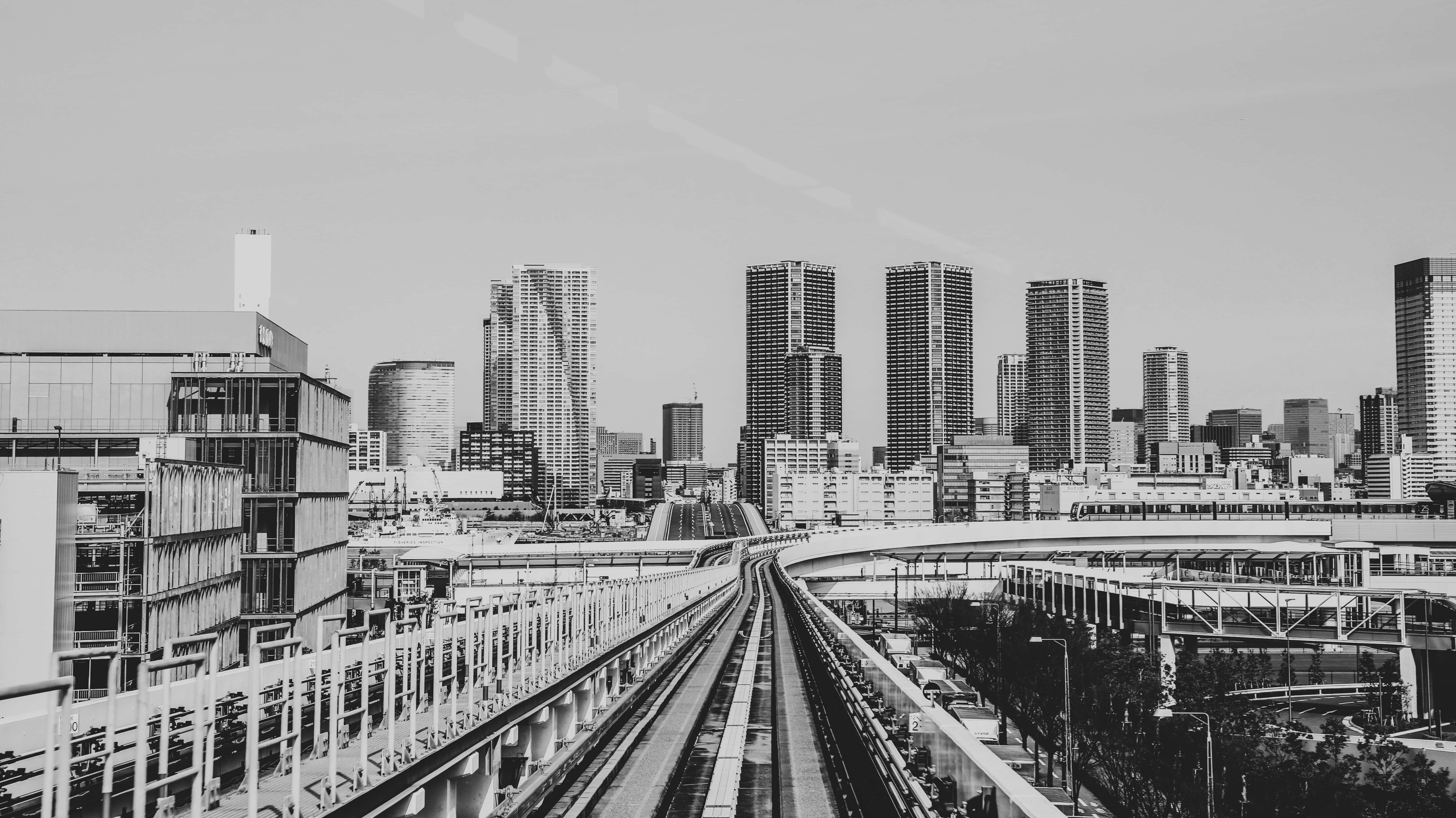 Japan Black And White, elevated train tracks, dense skyline, 5K Desktop Wallpaper