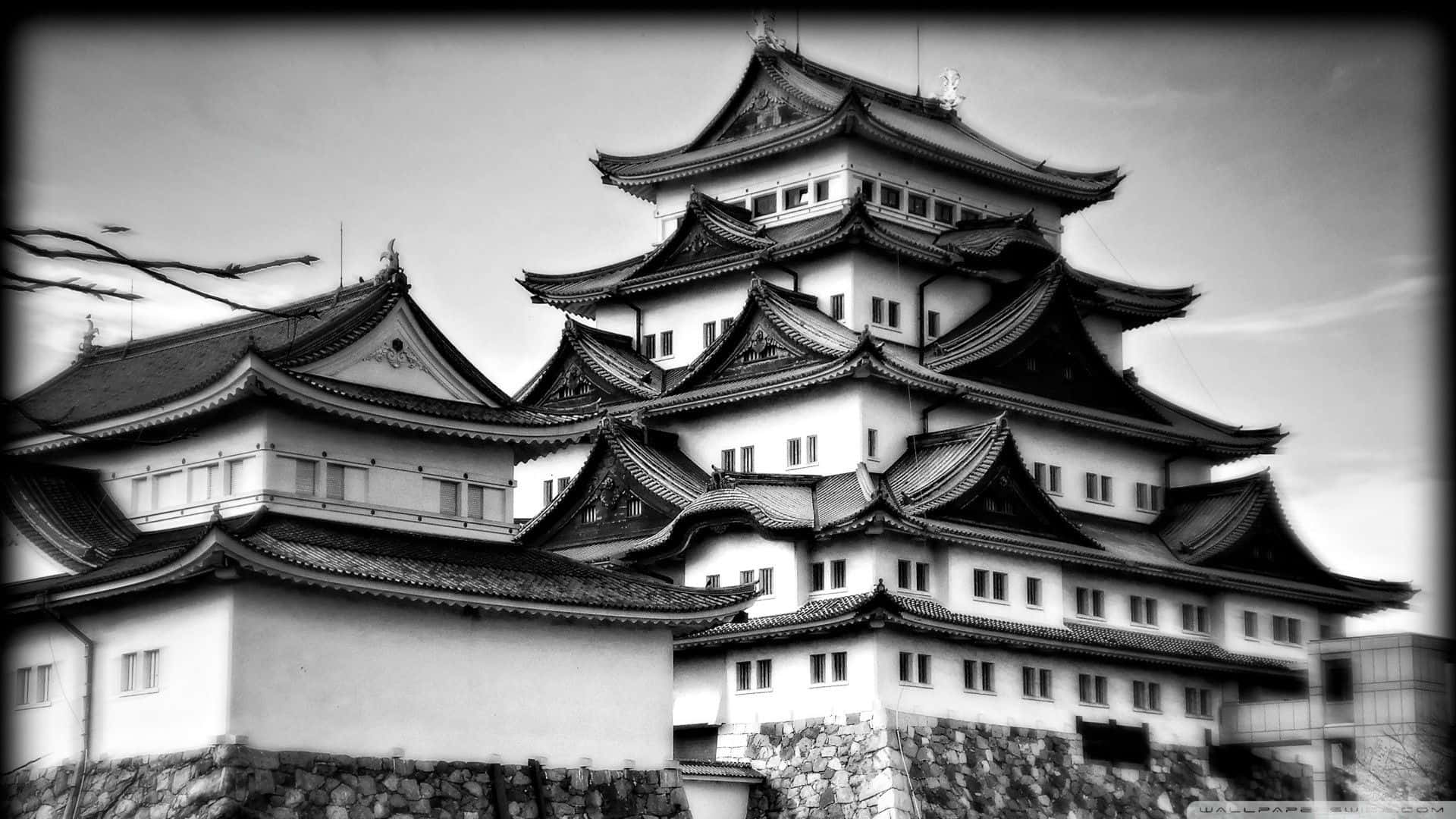 Japan, black and white, multi-tiered Japanese castle, Full HD Desktop Wallpaper