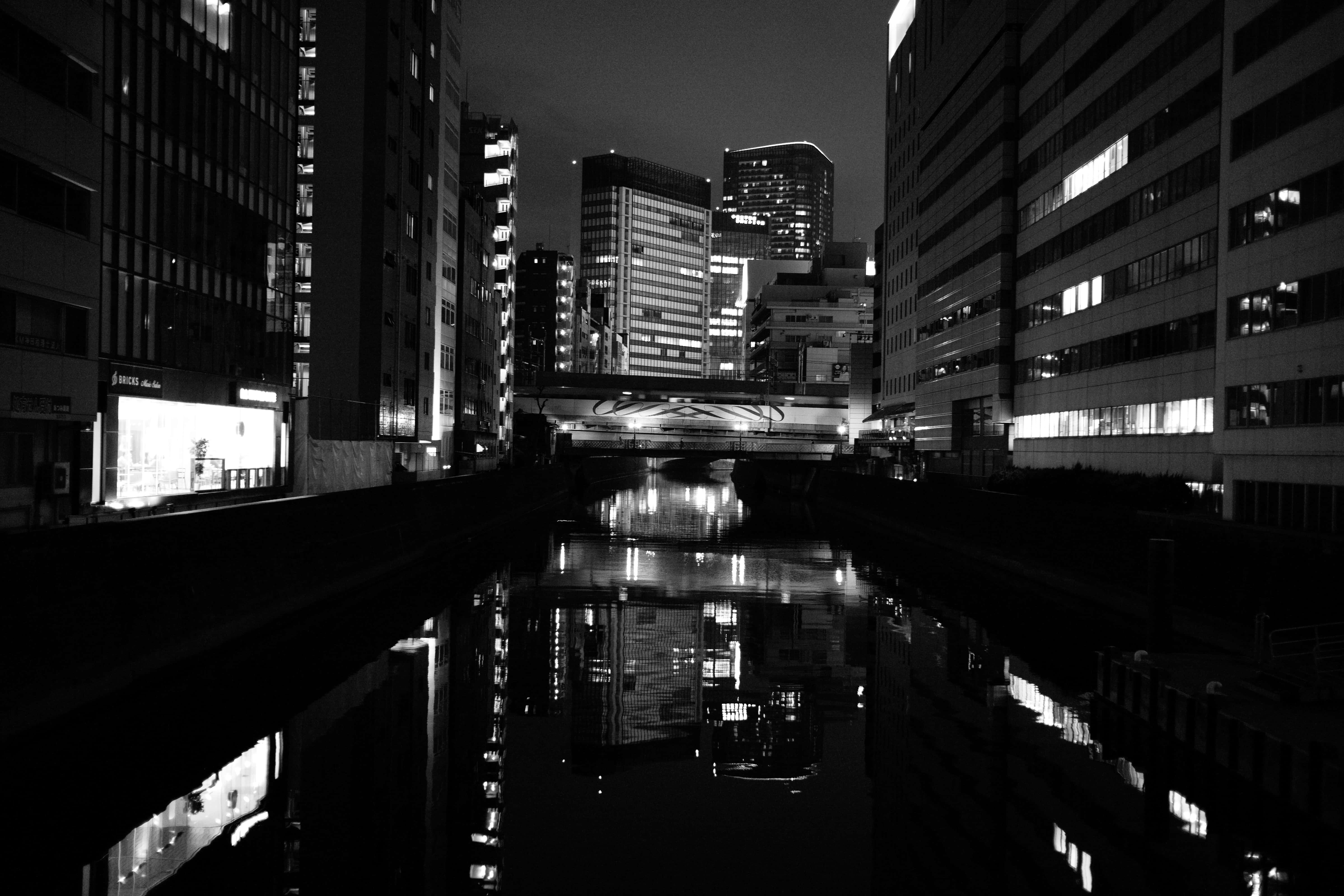 Japan Black And White, canal river, urban nightscape, 5K Desktop Wallpaper