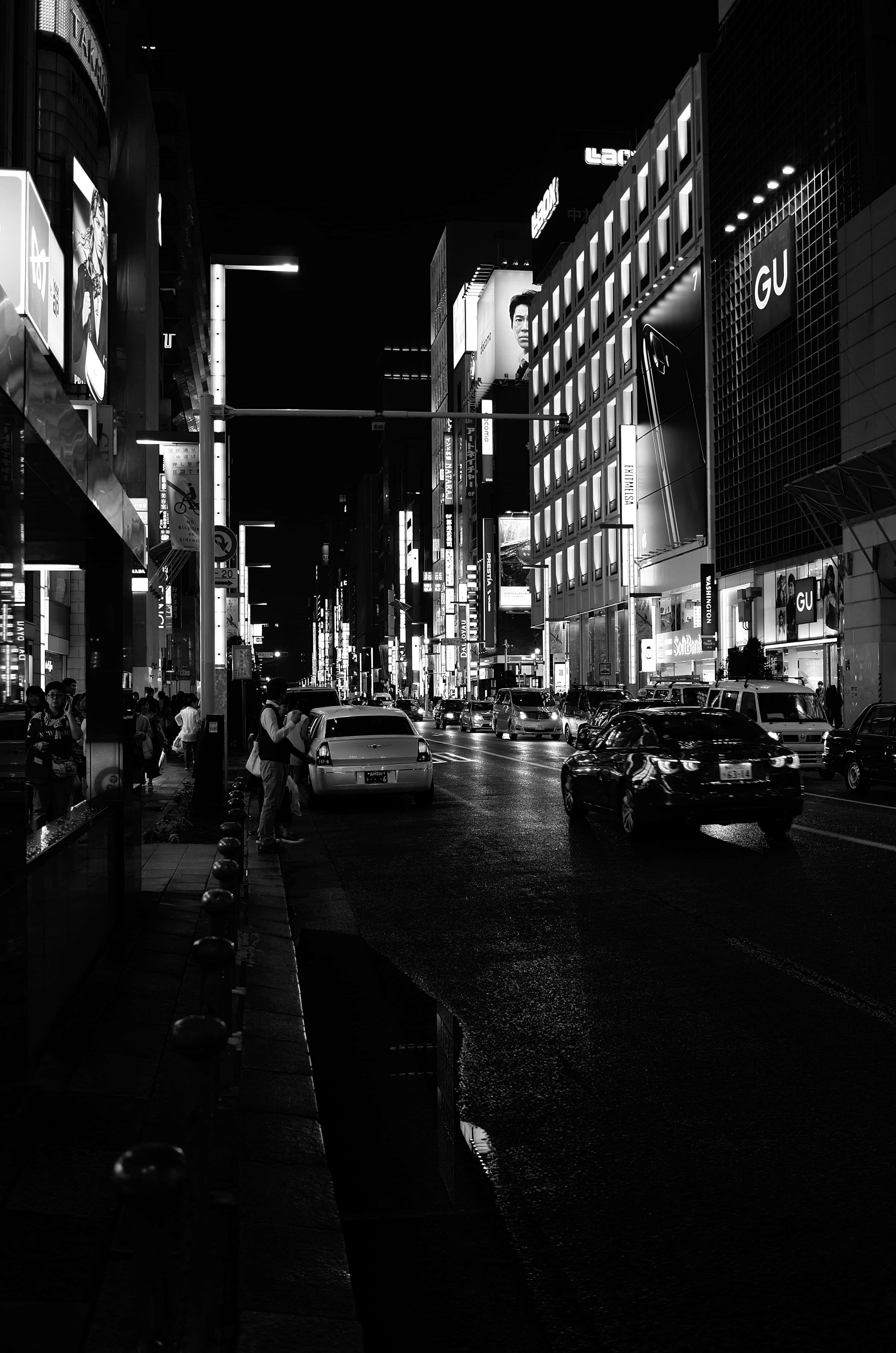 Japan, black and white, nighttime city street, 4K Phone Wallpaper