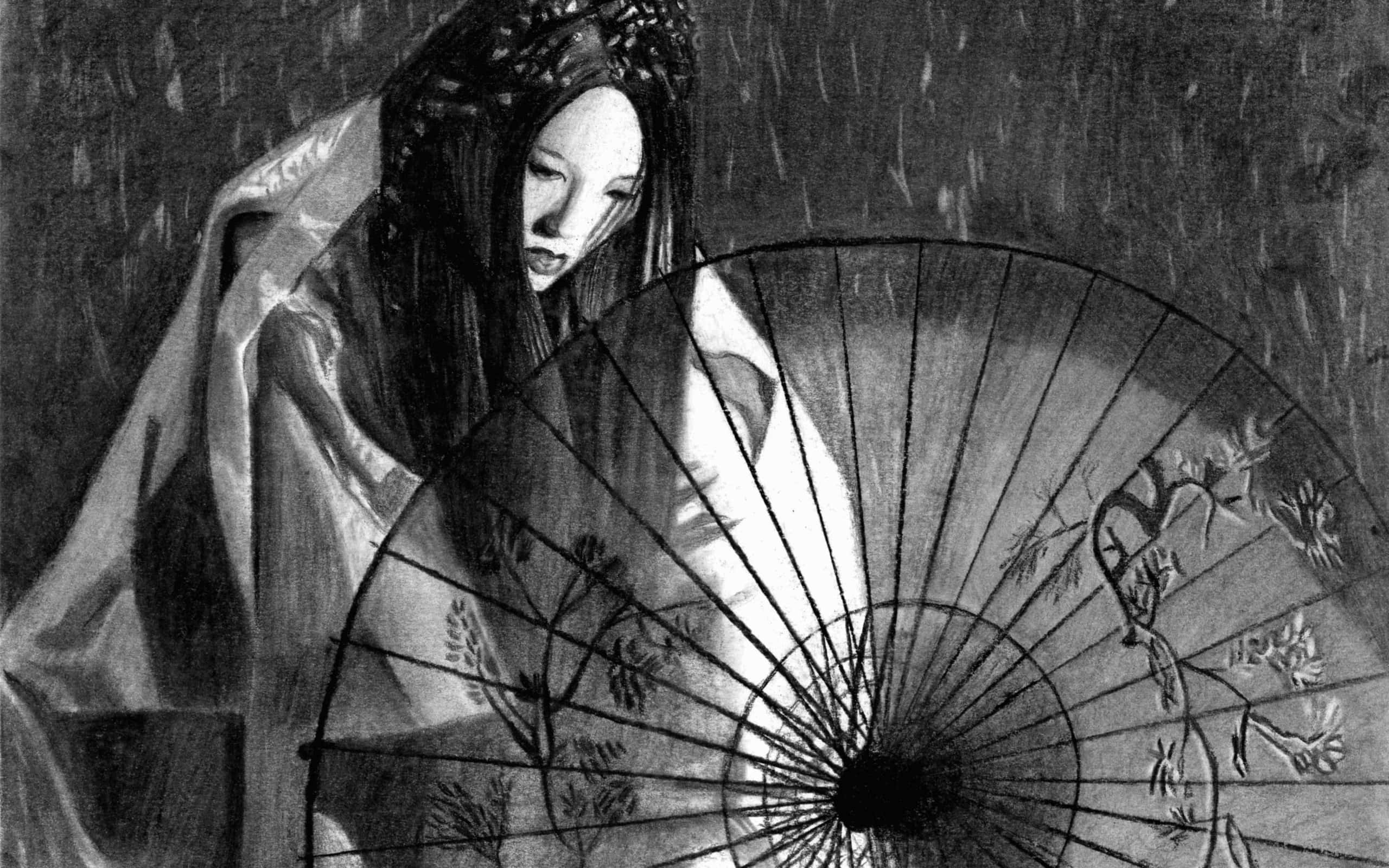 Japan Black And White, woman, traditional attire, 2K Desktop Wallpaper