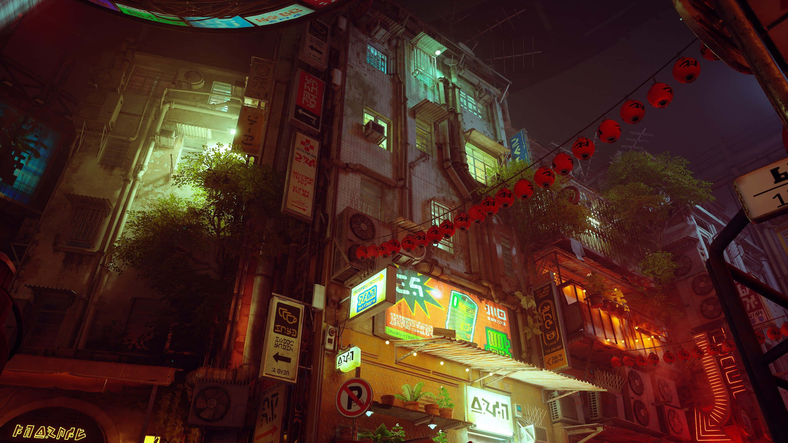 Japanese aesthetic, neon signs, red lanterns, 2K Desktop Wallpaper