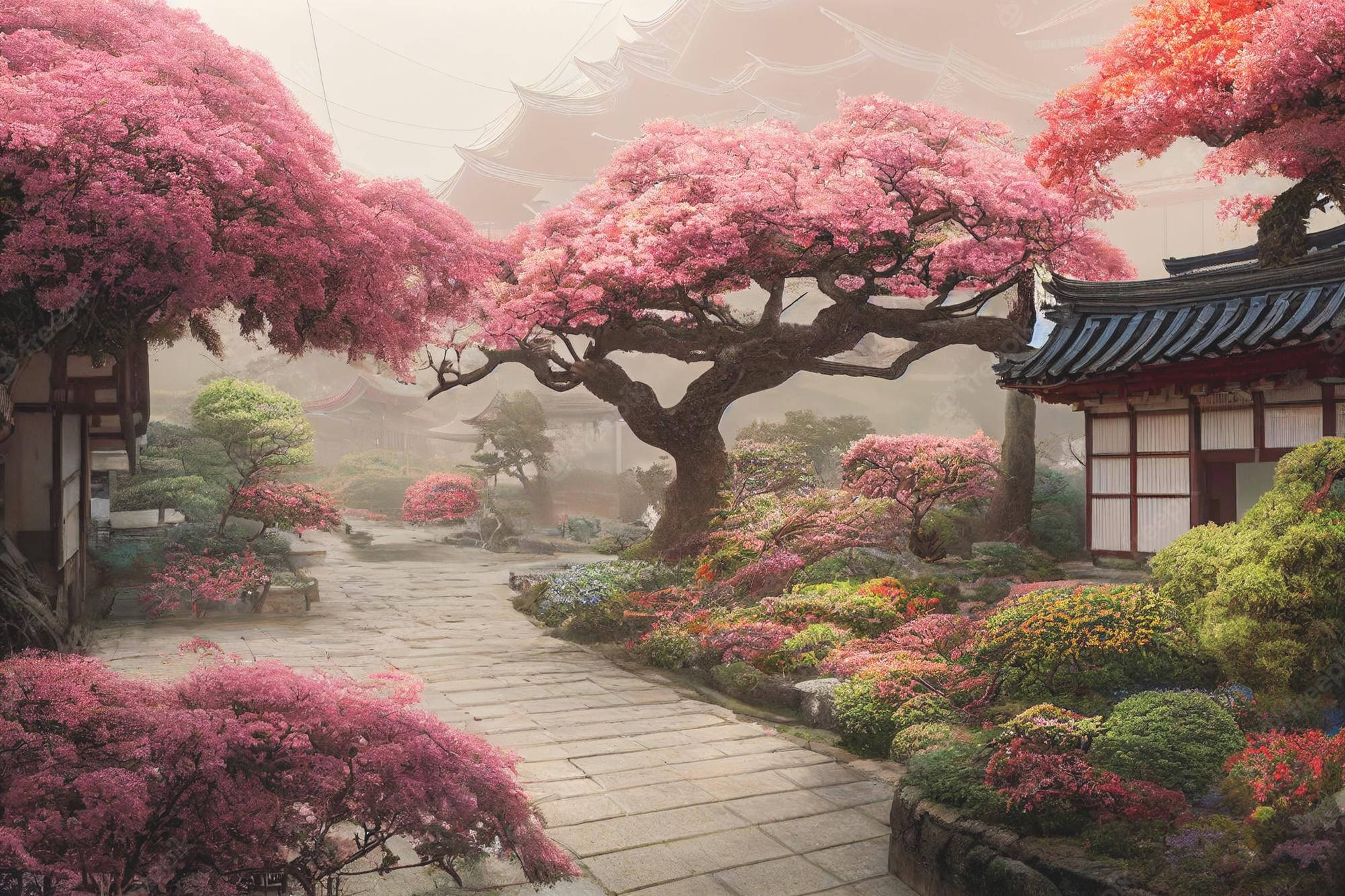 Japan Cherry Blossom, misty Japanese garden path, vibrant pink cherry blossoms, Full HD Desktop Wallpaper