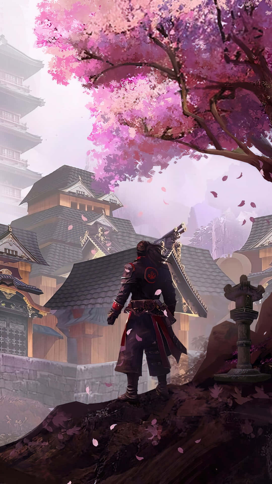 samurai, cherry blossom tree, mossy rock, Full HD Phone Wallpaper