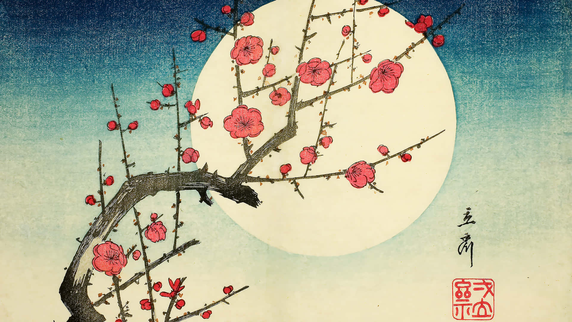 traditional Japanese woodblock print, cherry blossom tree, full moon, Full HD Desktop Wallpaper
