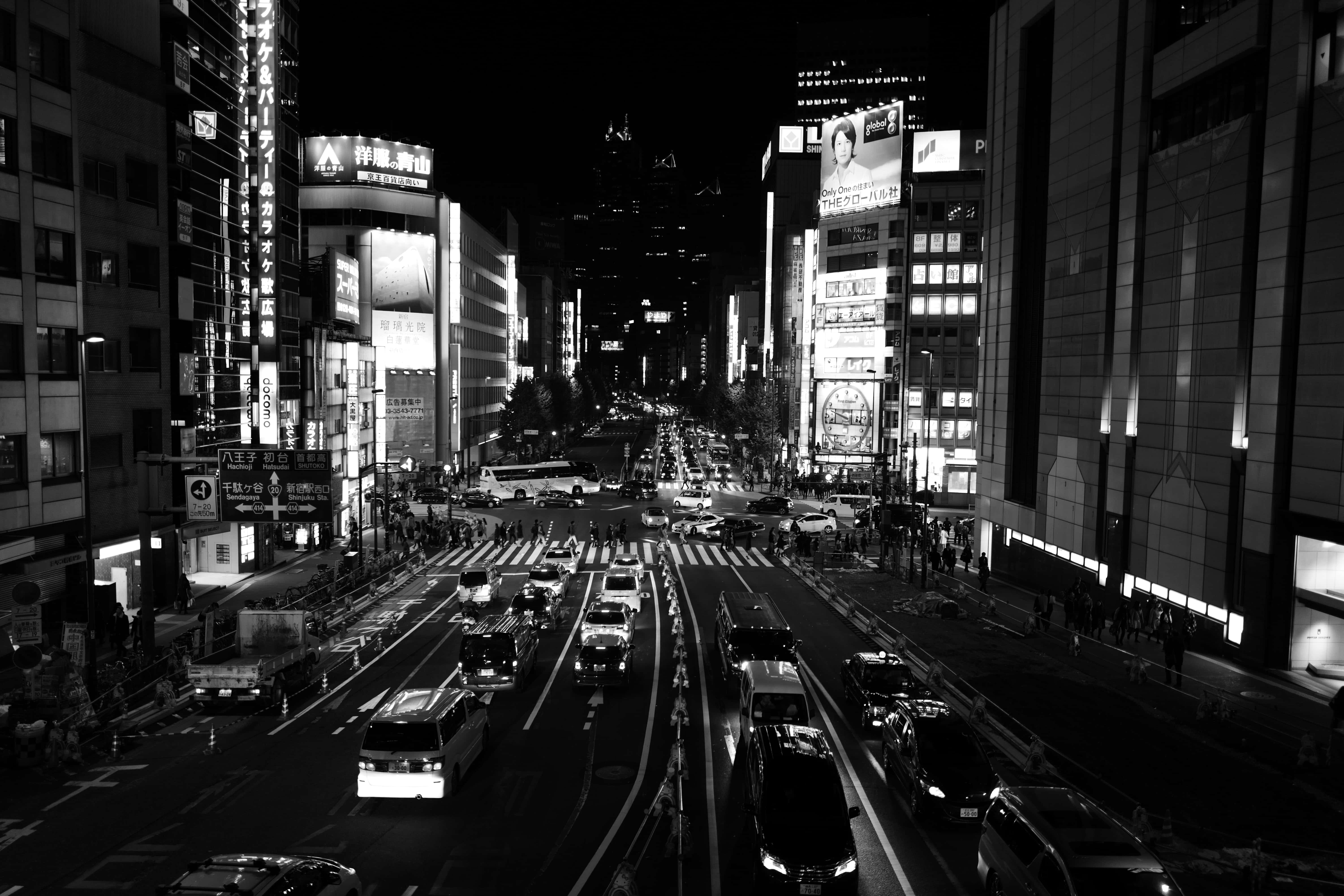 Japan City, black and white, neon-lit, 5K Desktop Wallpaper
