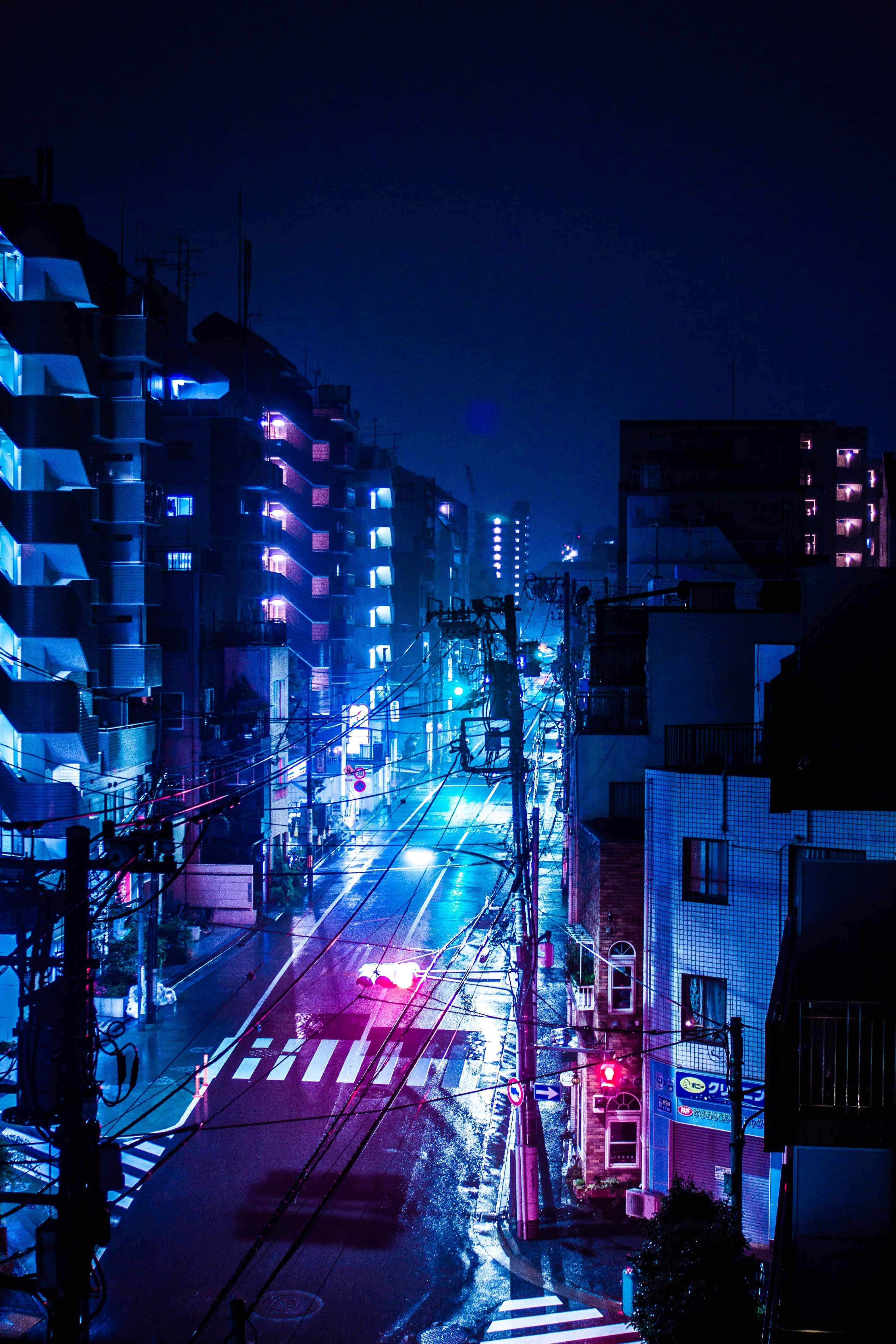 neon night, Japan Cityscape, electric blue, 4K Phone Wallpaper