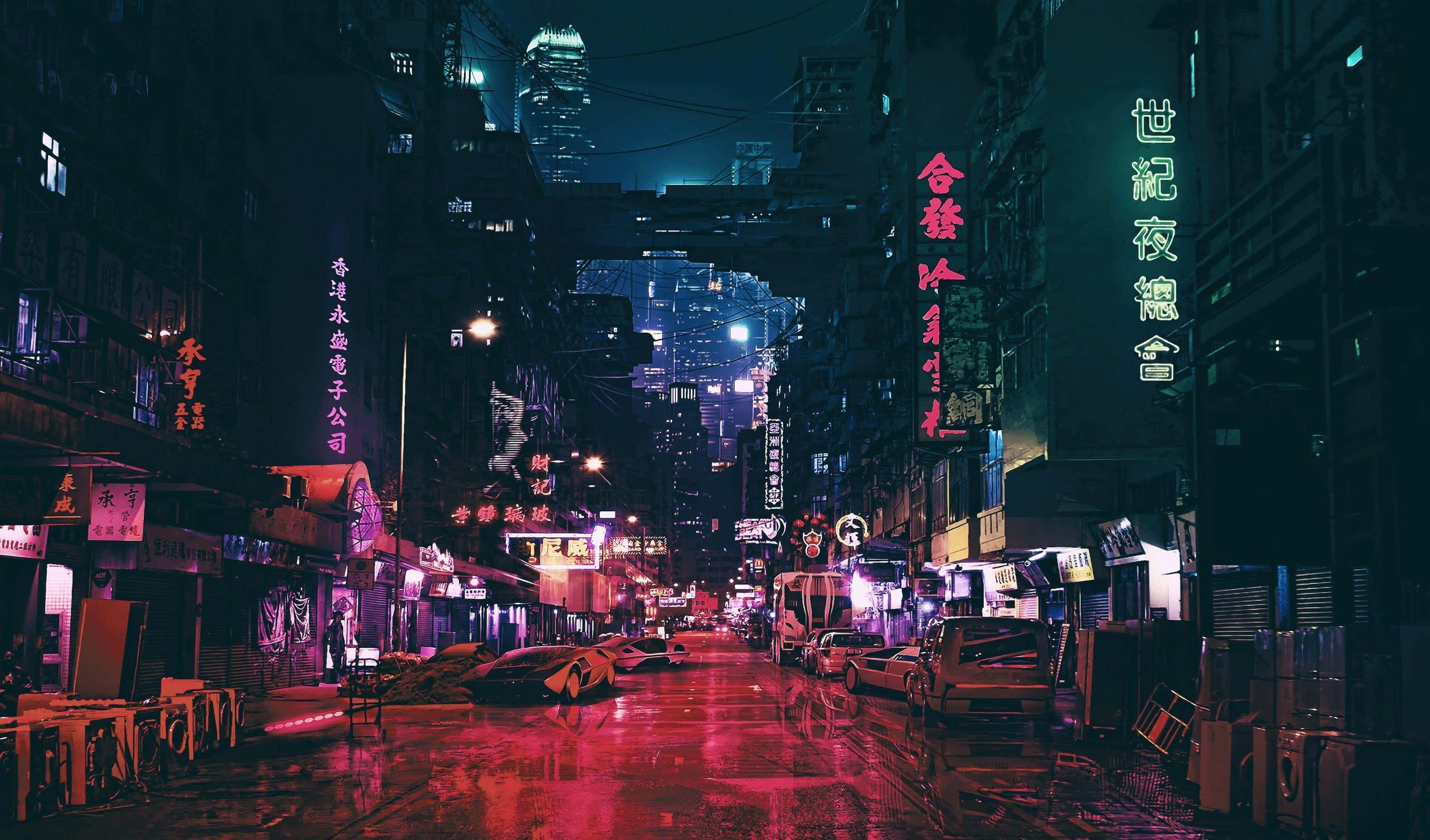 neon-lit alleyway, rain-slicked, vibrant red and blue lights, 4K Desktop Wallpaper