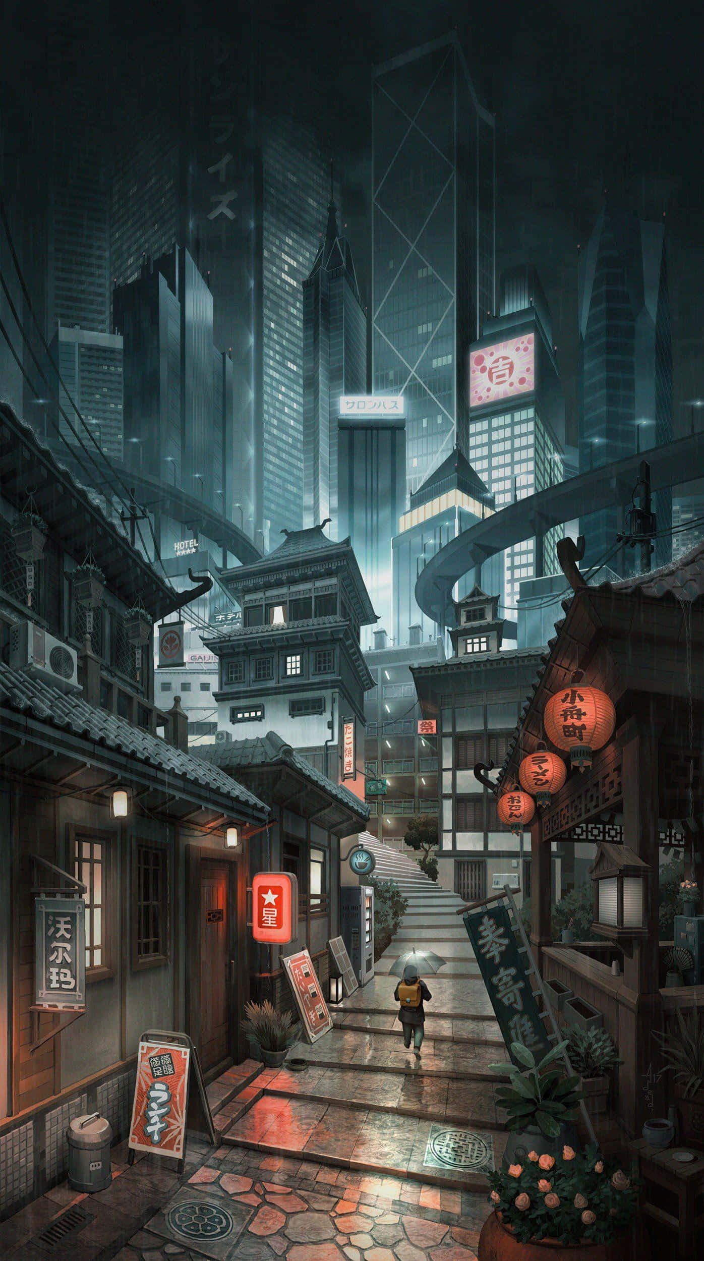 futuristic Japanese cityscape, rainy night, rain-slicked alleyway, Full HD Phone Wallpaper