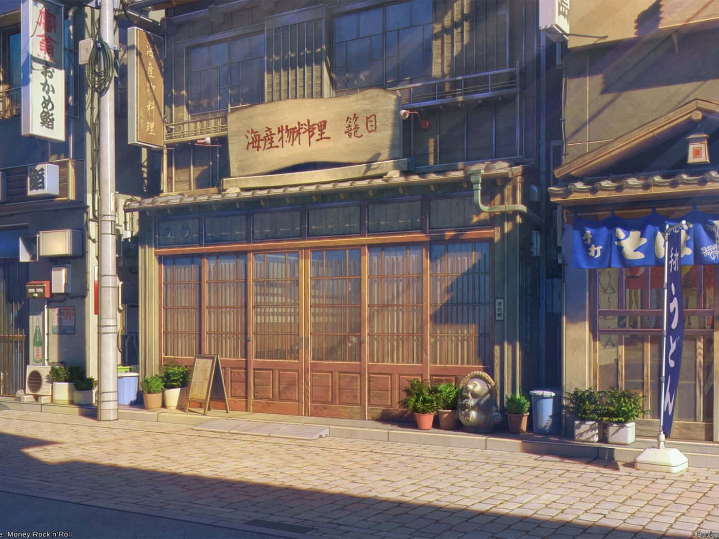 Sunlit traditional Japanese street, wooden shopfronts, blue noren curtains, HD Desktop Wallpaper
