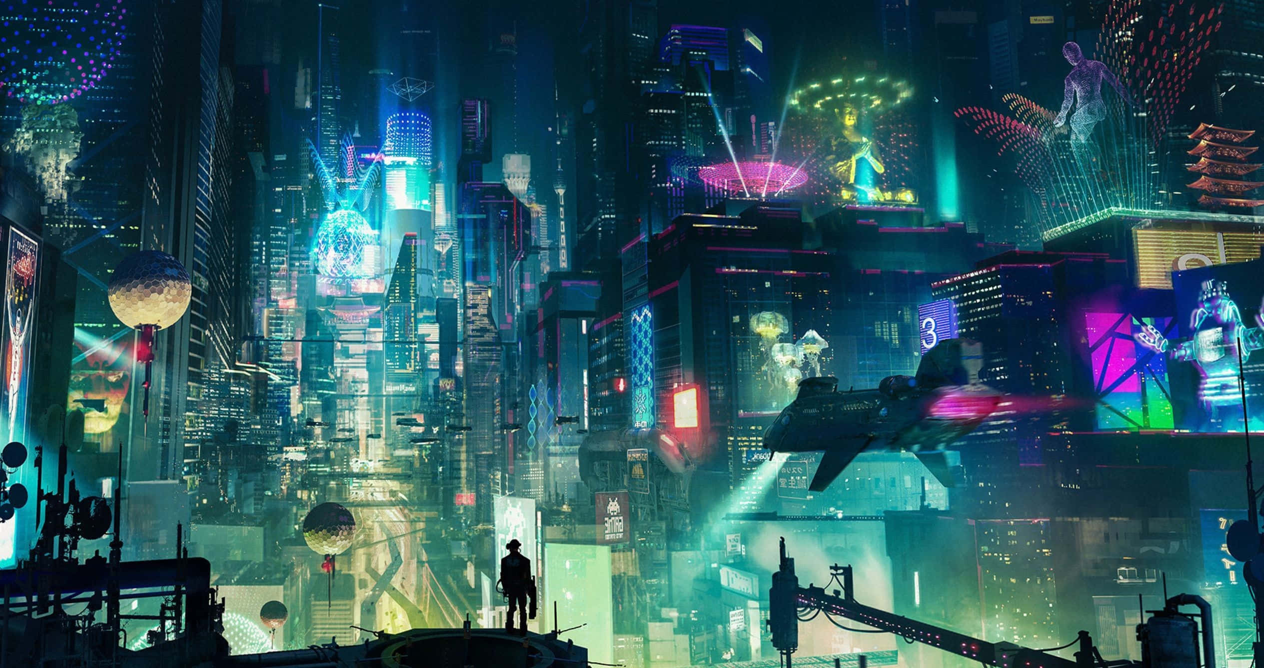 Japan Cyberpunk, neon-drenched cyberpunk metropolis, flying vehicles, Full HD Desktop Wallpaper