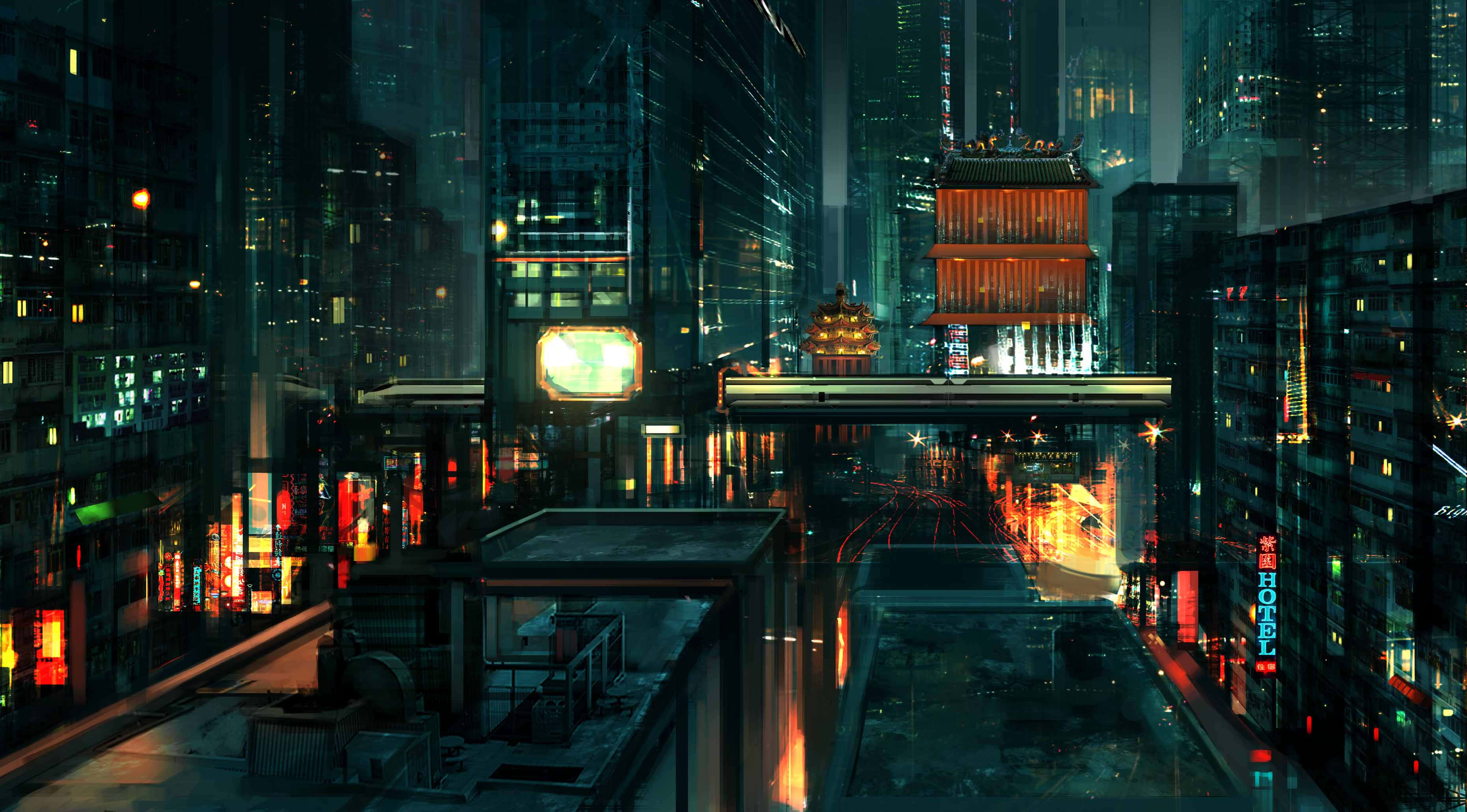 Japan Cyberpunk, neon-lit futuristic cityscape, towering skyscrapers, 2K Desktop Wallpaper