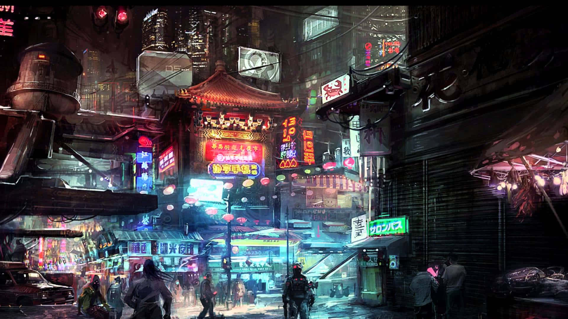 Japan Cyberpunk, neon-lit, rain-slicked, Full HD Desktop Wallpaper