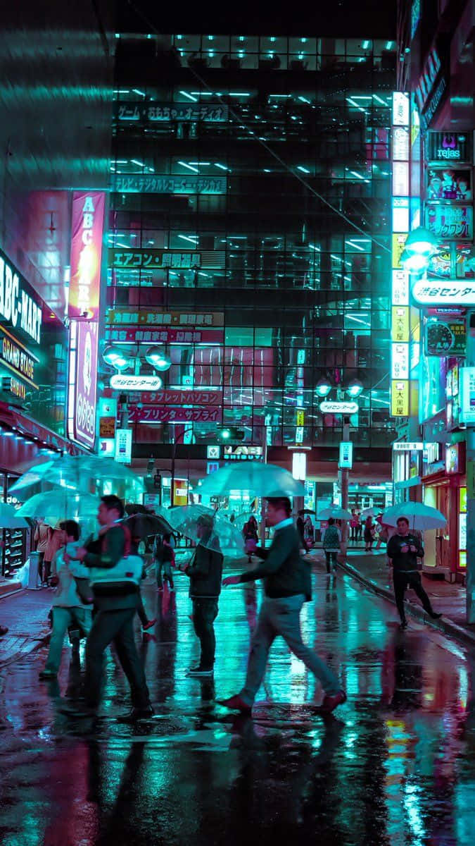 Japan Cyberpunk, neon-lit city street, night, SD Phone Wallpaper