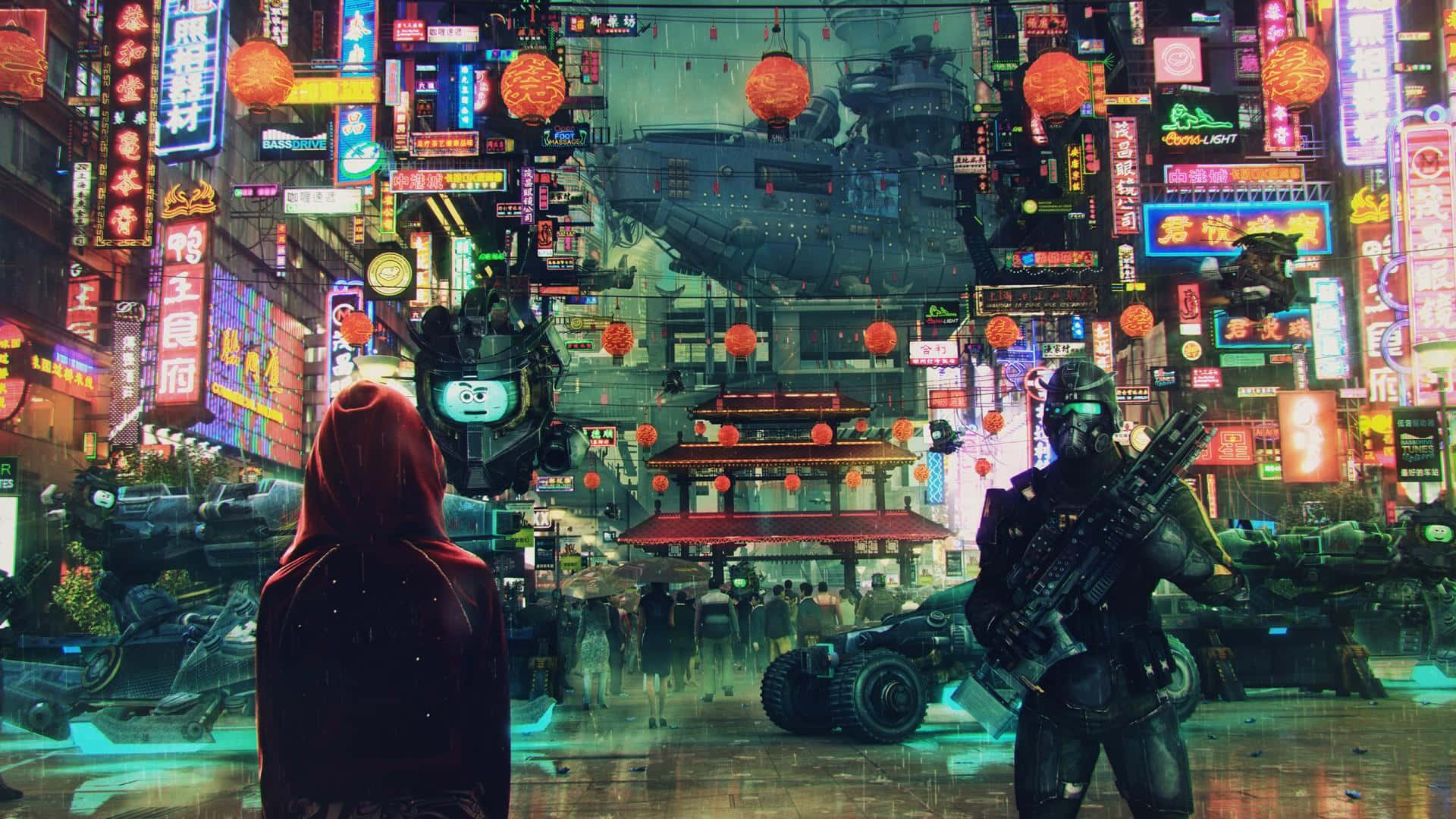 neon-drenched cyberpunk cityscape, floating vehicles, glowing signs, Full HD Desktop Wallpaper