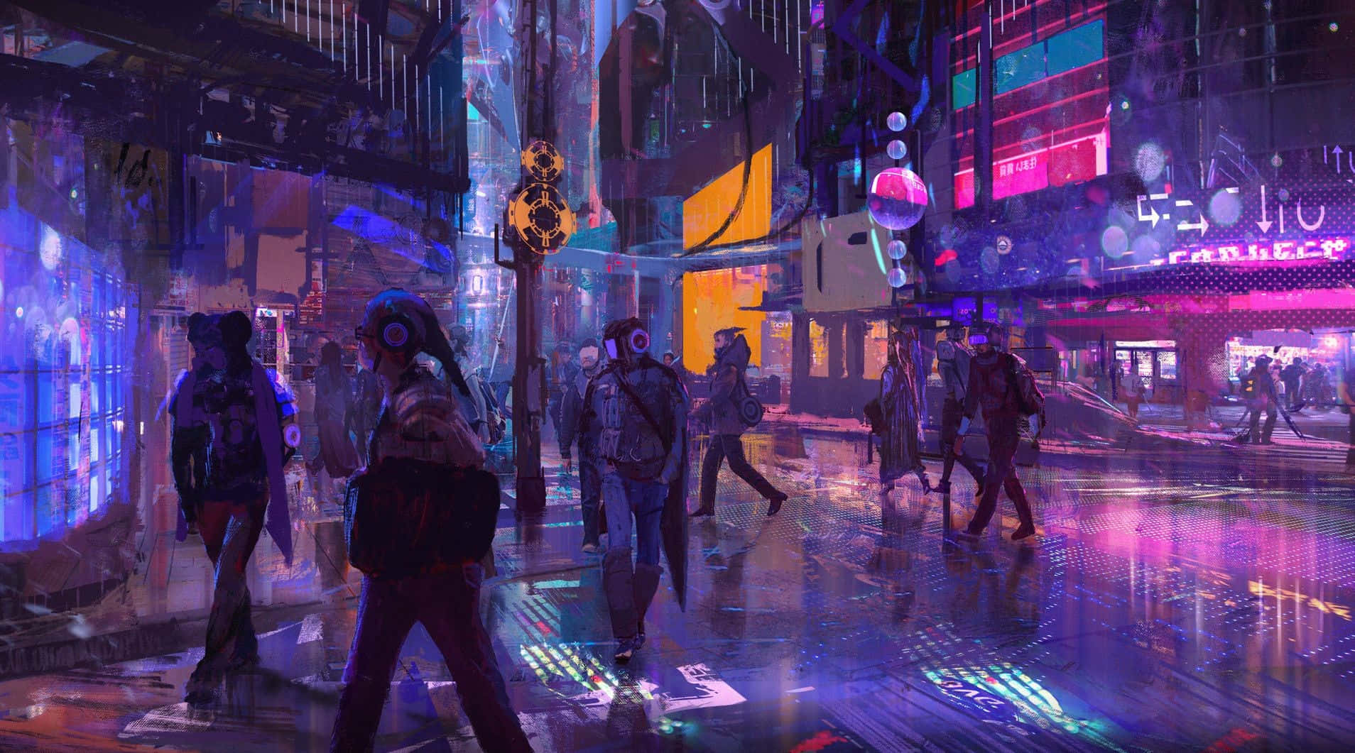 Japan Cyberpunk, neon-drenched, rain-soaked, HD Desktop Wallpaper