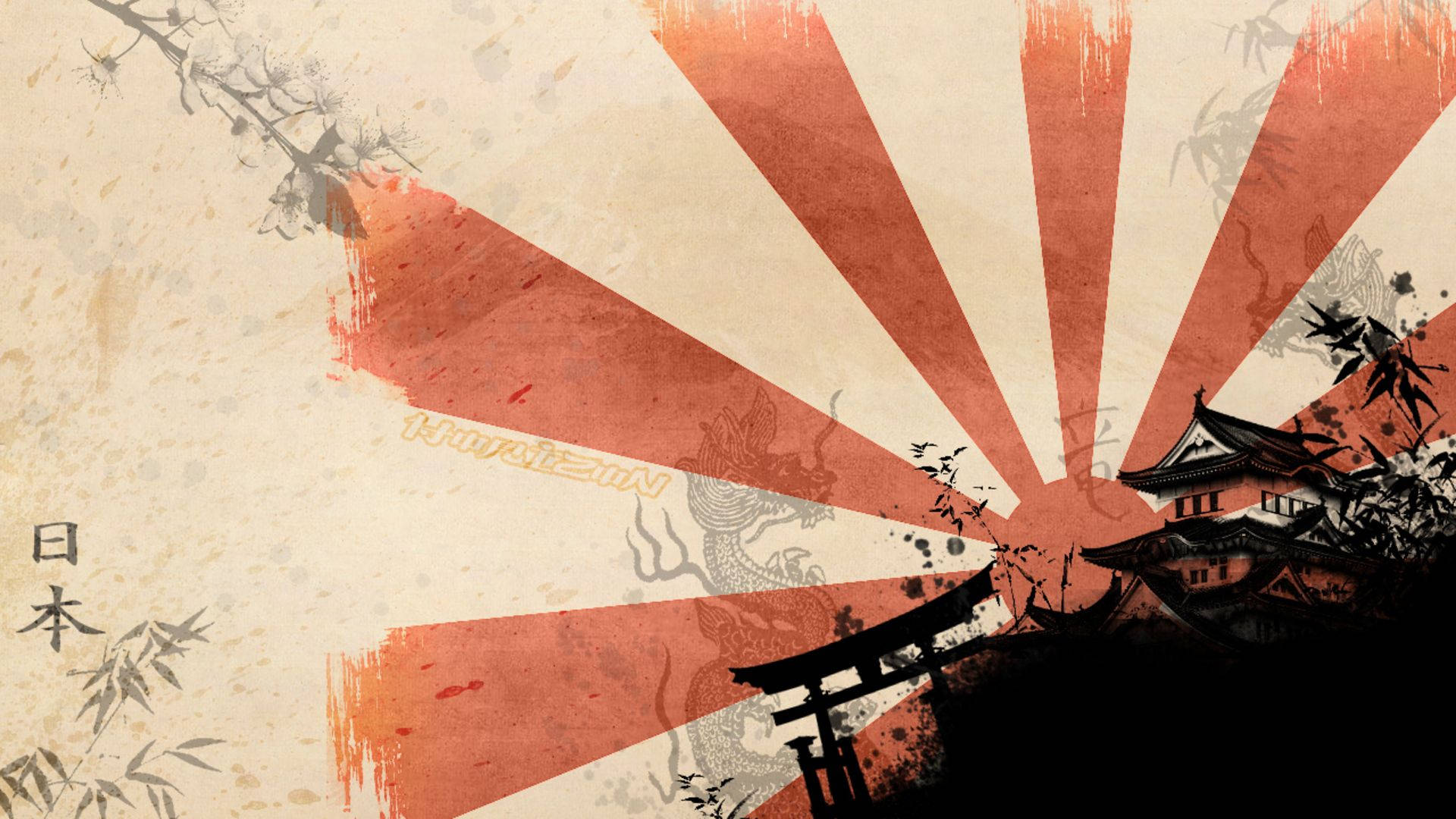 Japan flag, Japanese house, shrine, Full HD Desktop Wallpaper