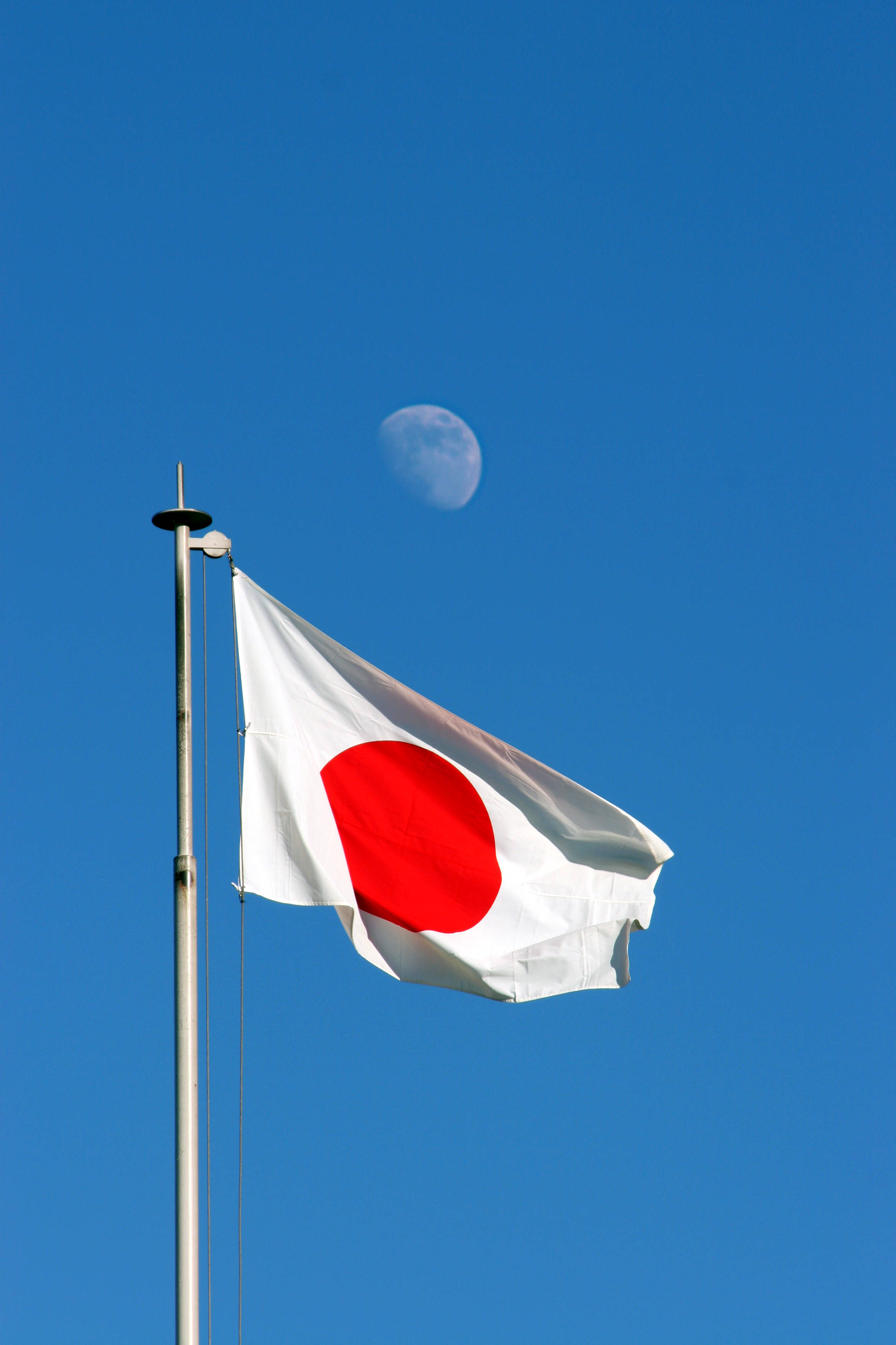 Japan flag, crescent moon, clear blue sky, 2K Phone Wallpaper