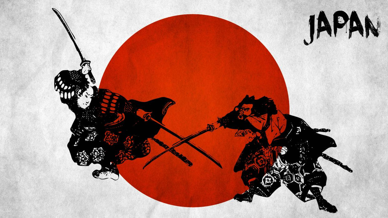 Japan flag, animated samurai people, red sun, SD Desktop Wallpaper