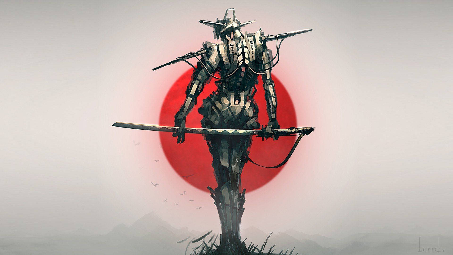 Japan flag, smoky setting, armored warrior, Full HD Desktop Wallpaper