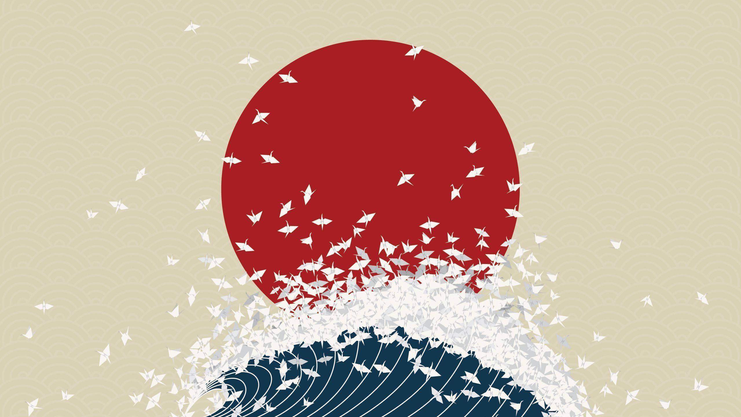 Japan flag, beige textured background, red sun, 2K Desktop Wallpaper