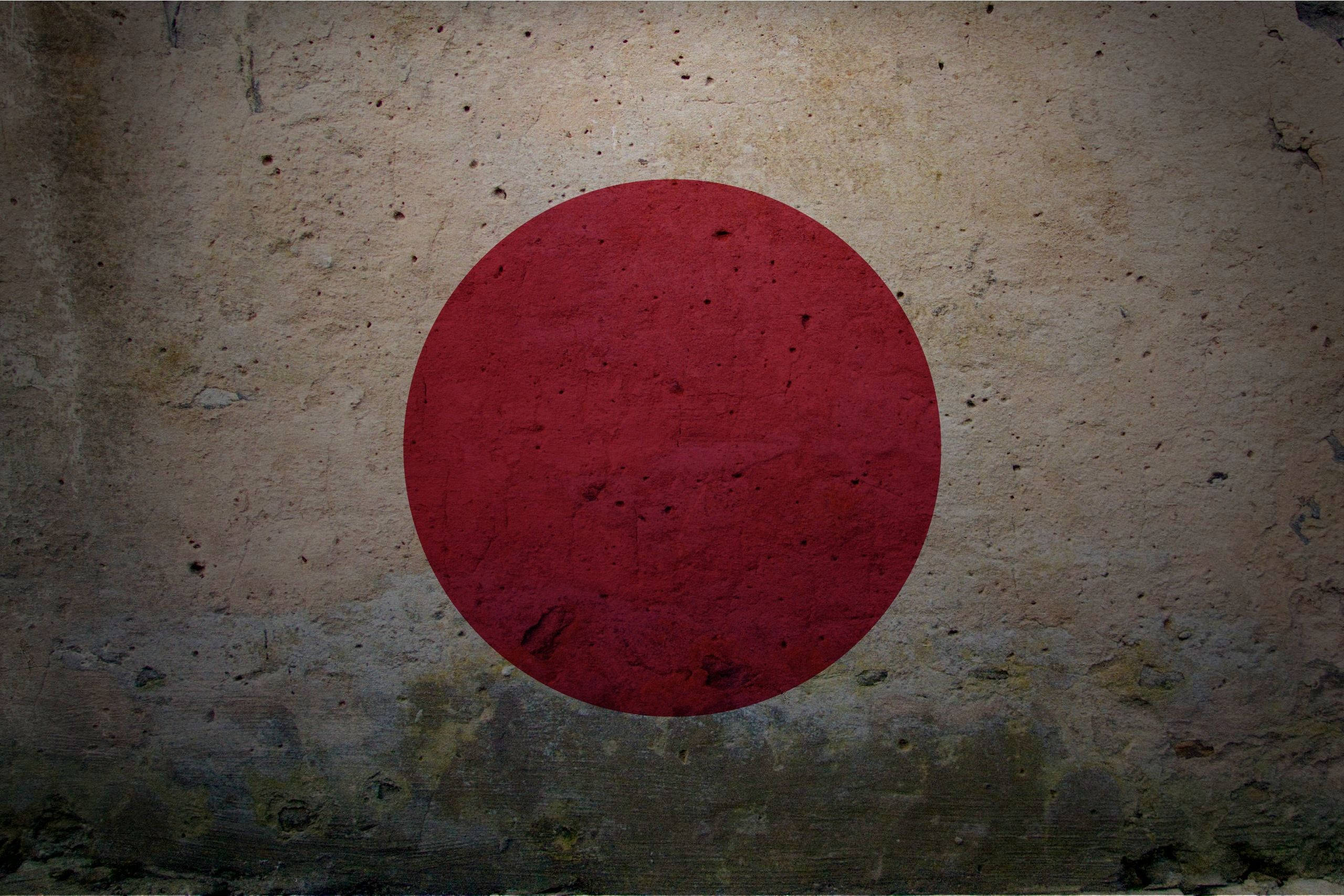 Japan flag, old wall, cracked concrete wall, 2K Desktop Wallpaper