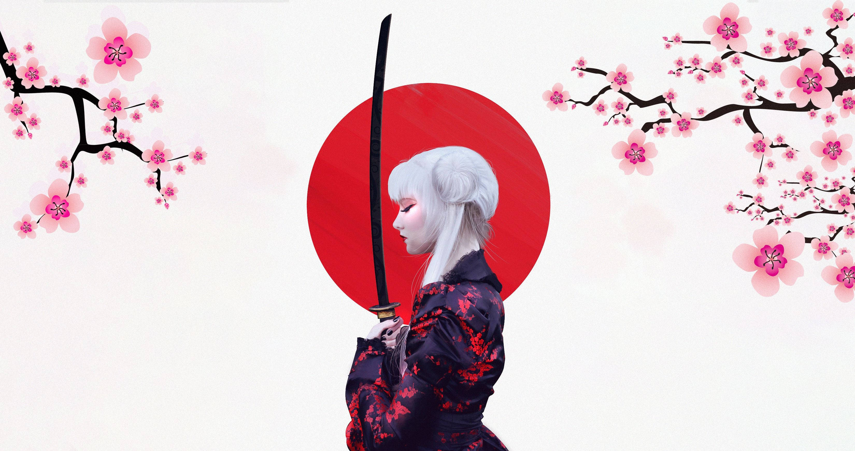 spring girl, katana, red floral kimono, 2K Desktop Wallpaper