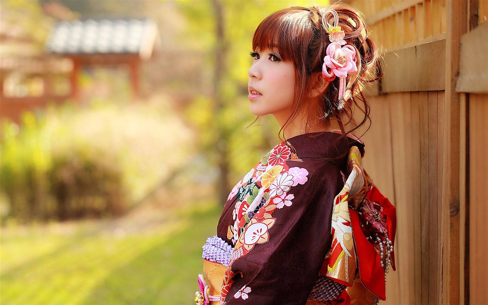 Japan Girl, floral kimono, wooden fence, HD Desktop Wallpaper